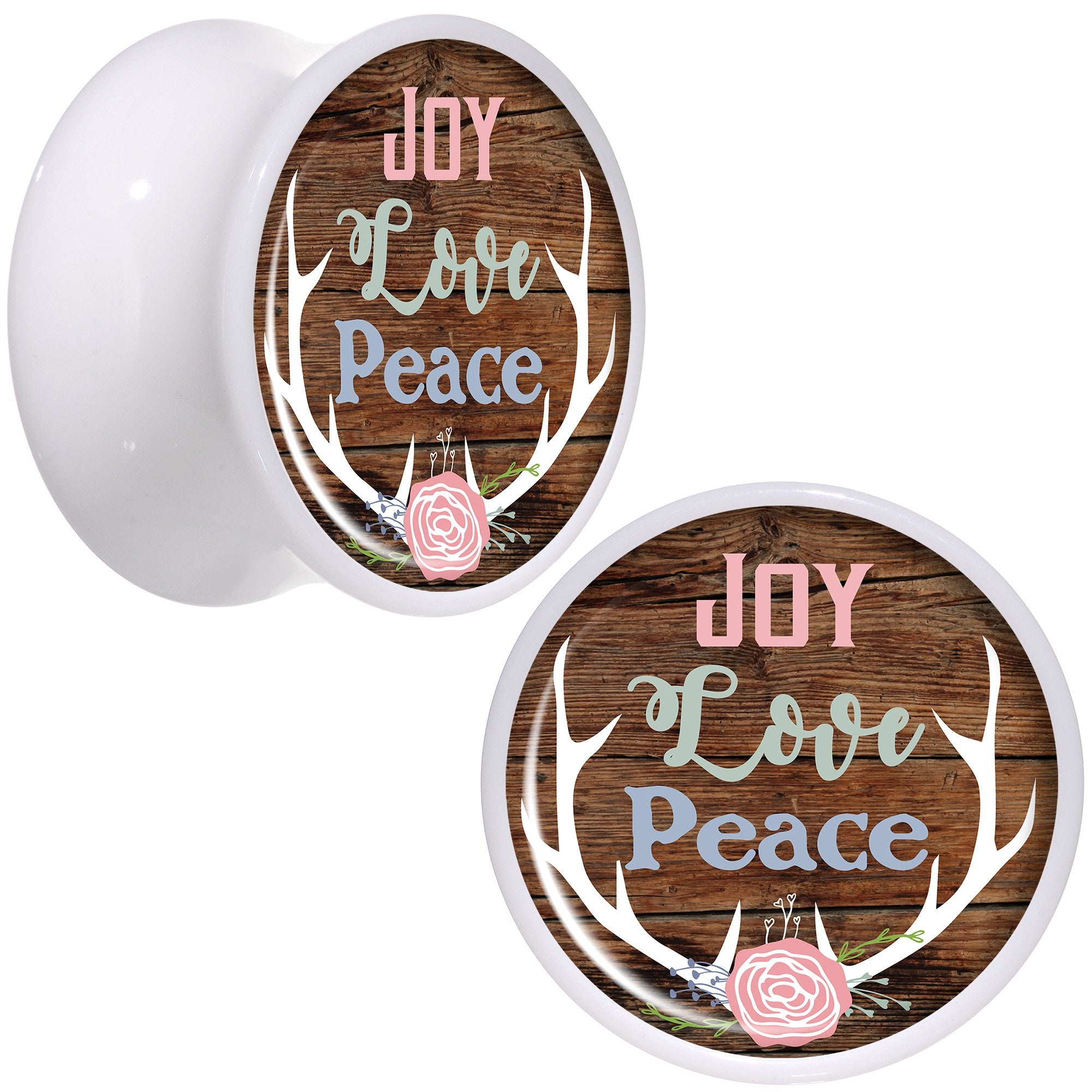 Rustic Joy Love Peace Antlers White Acrylic Saddle Plug Set Sizes 5mm to 20mm