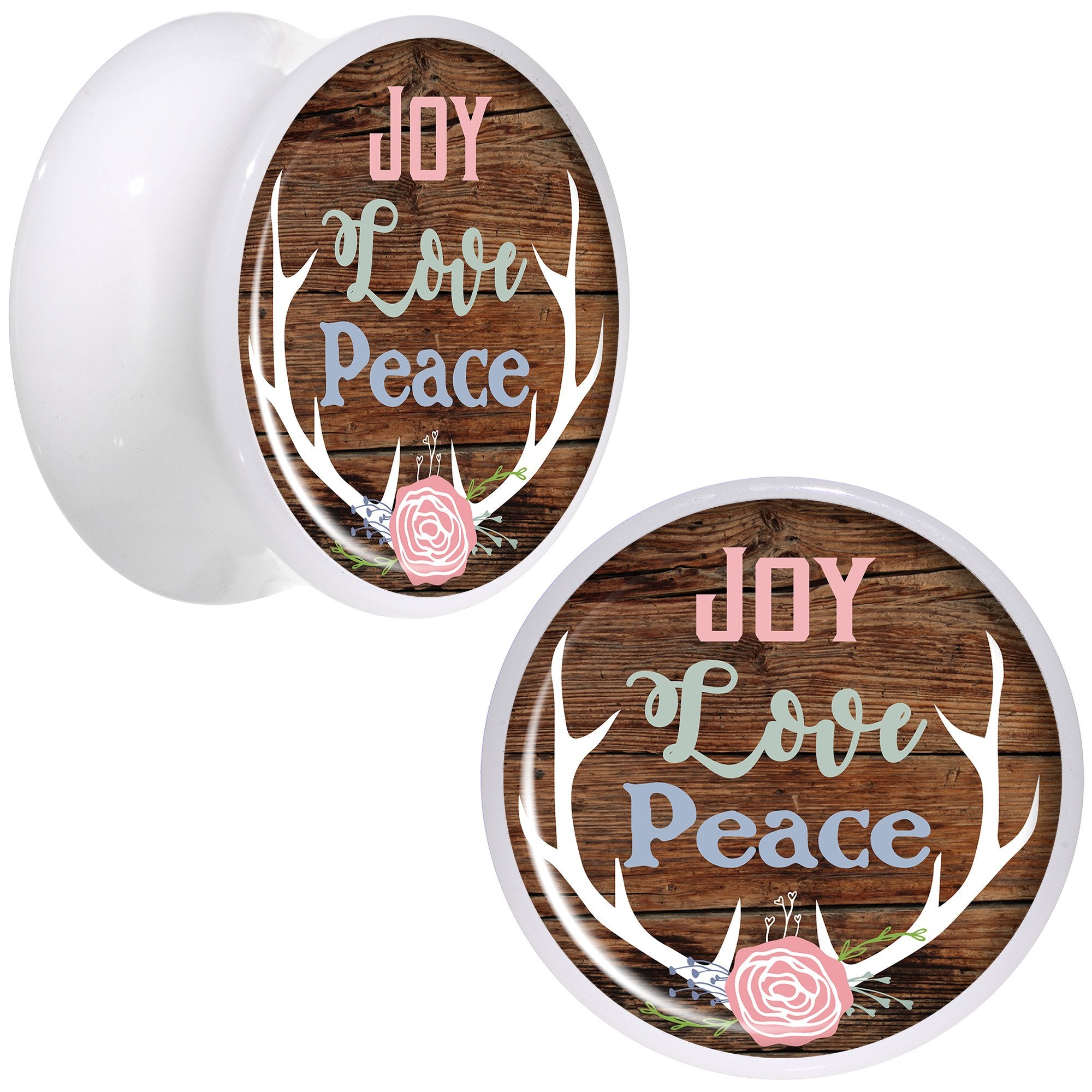 Rustic Joy Love Peace Antlers White Acrylic Saddle Plug Set Sizes 5mm to 20mm