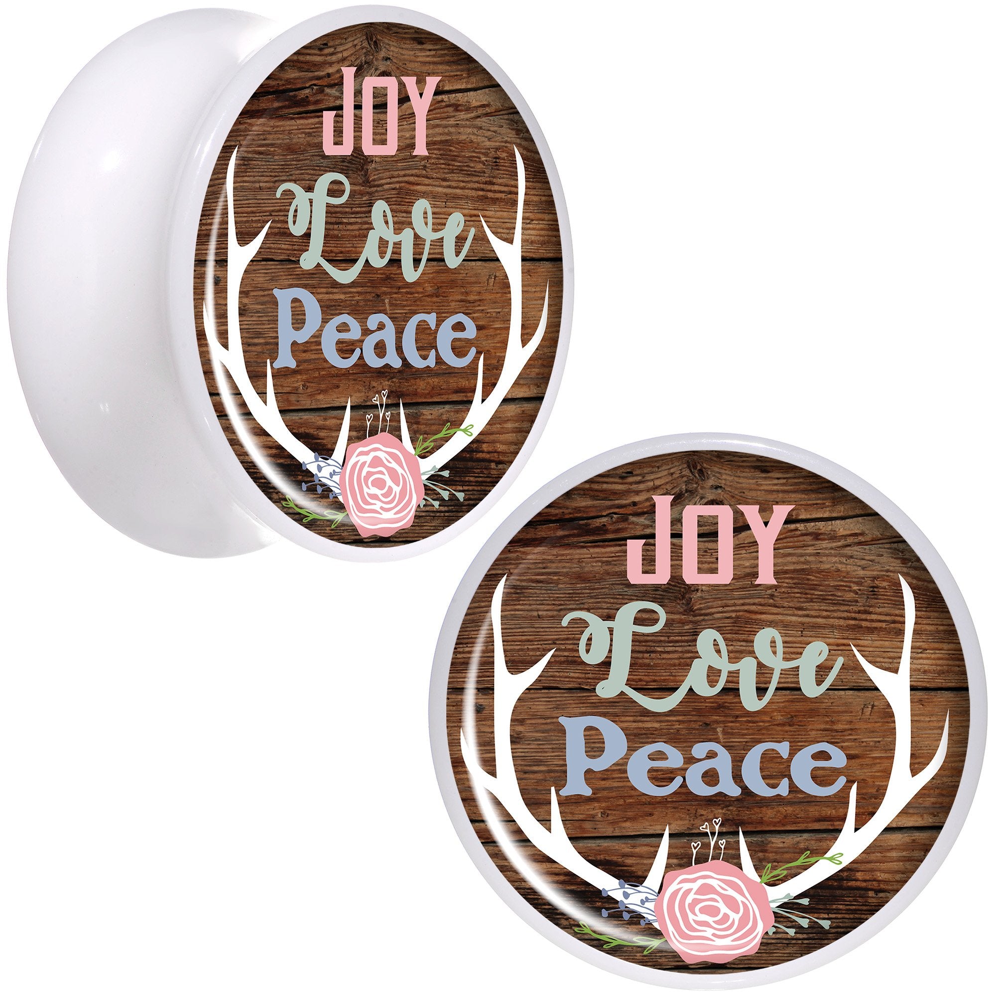 Rustic Joy Love Peace Antlers White Acrylic Saddle Plug Set Sizes 5mm to 20mm