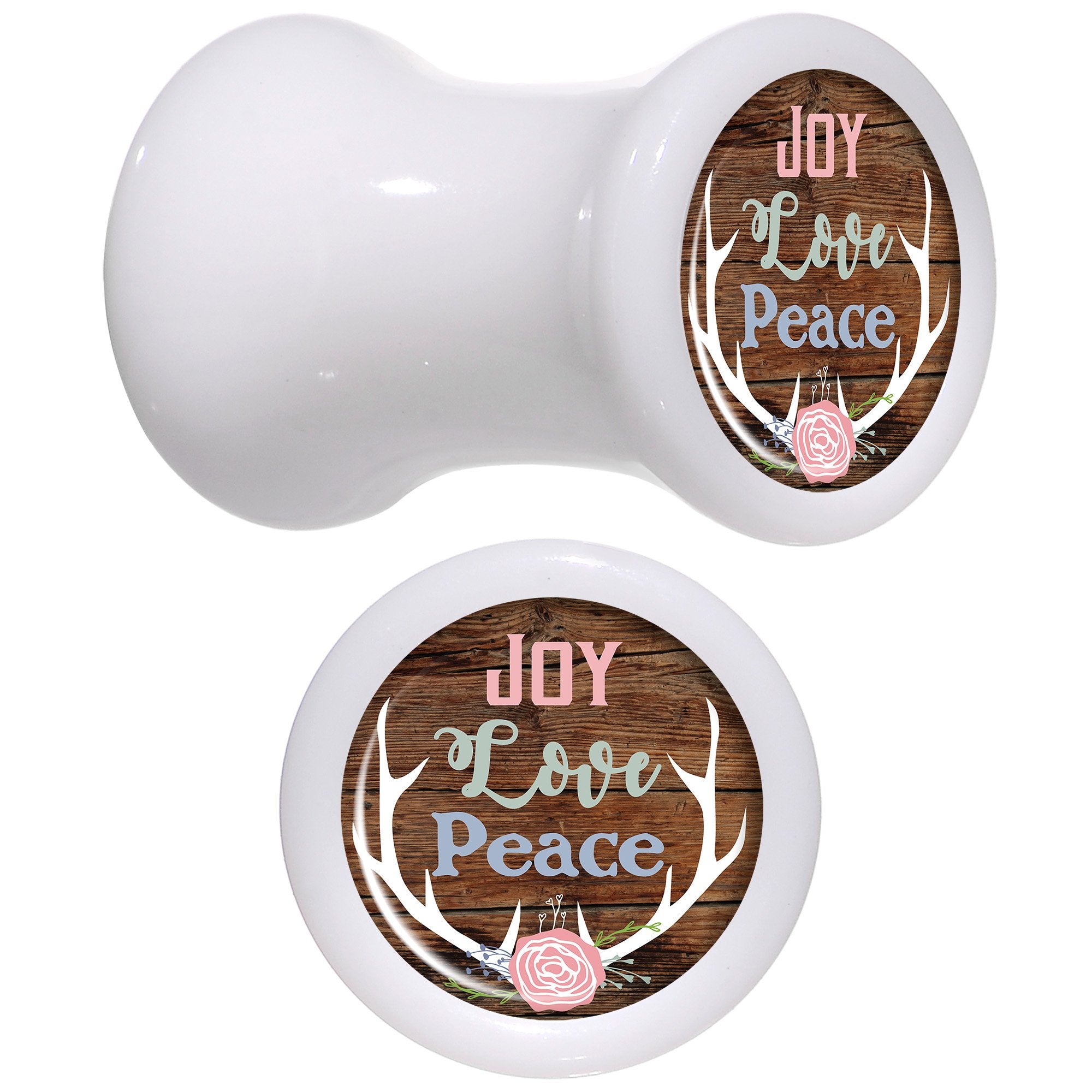 Rustic Joy Love Peace Antlers White Acrylic Saddle Plug Set Sizes 5mm to 20mm