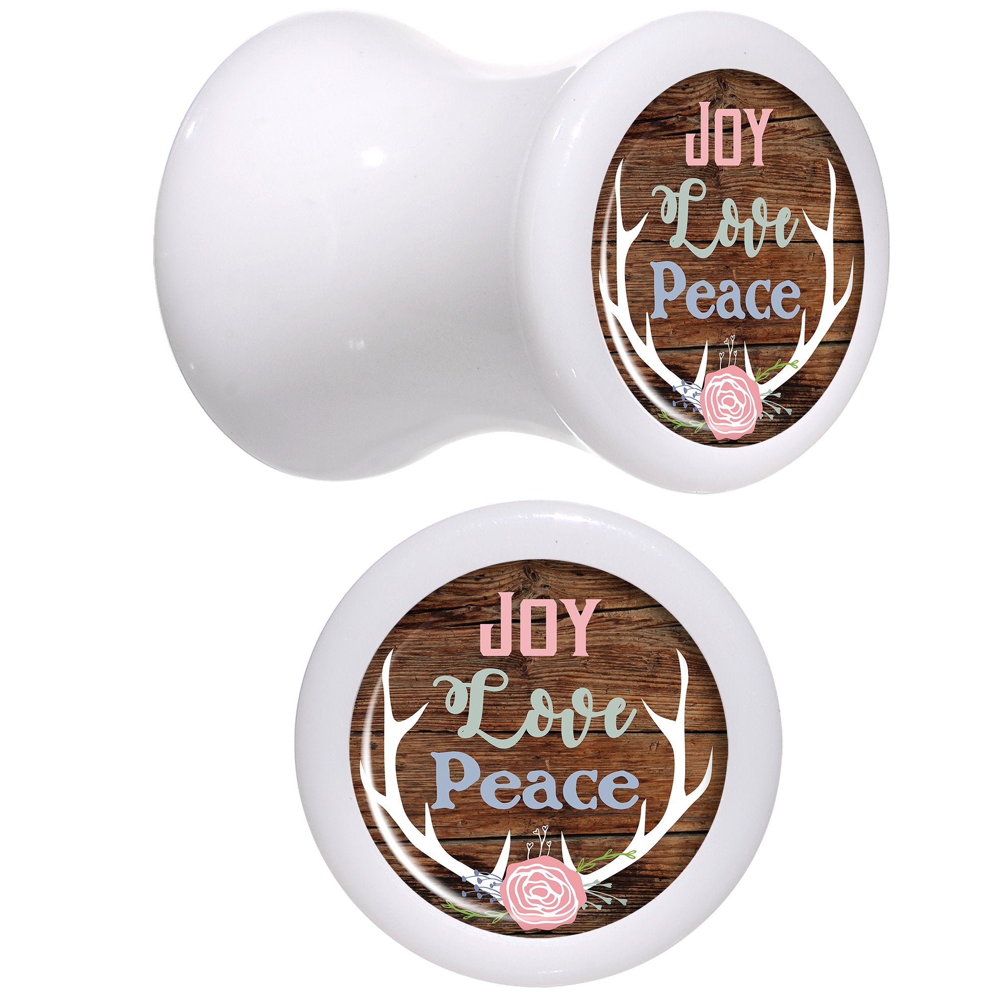 Rustic Joy Love Peace Antlers White Acrylic Saddle Plug Set Sizes 5mm to 20mm