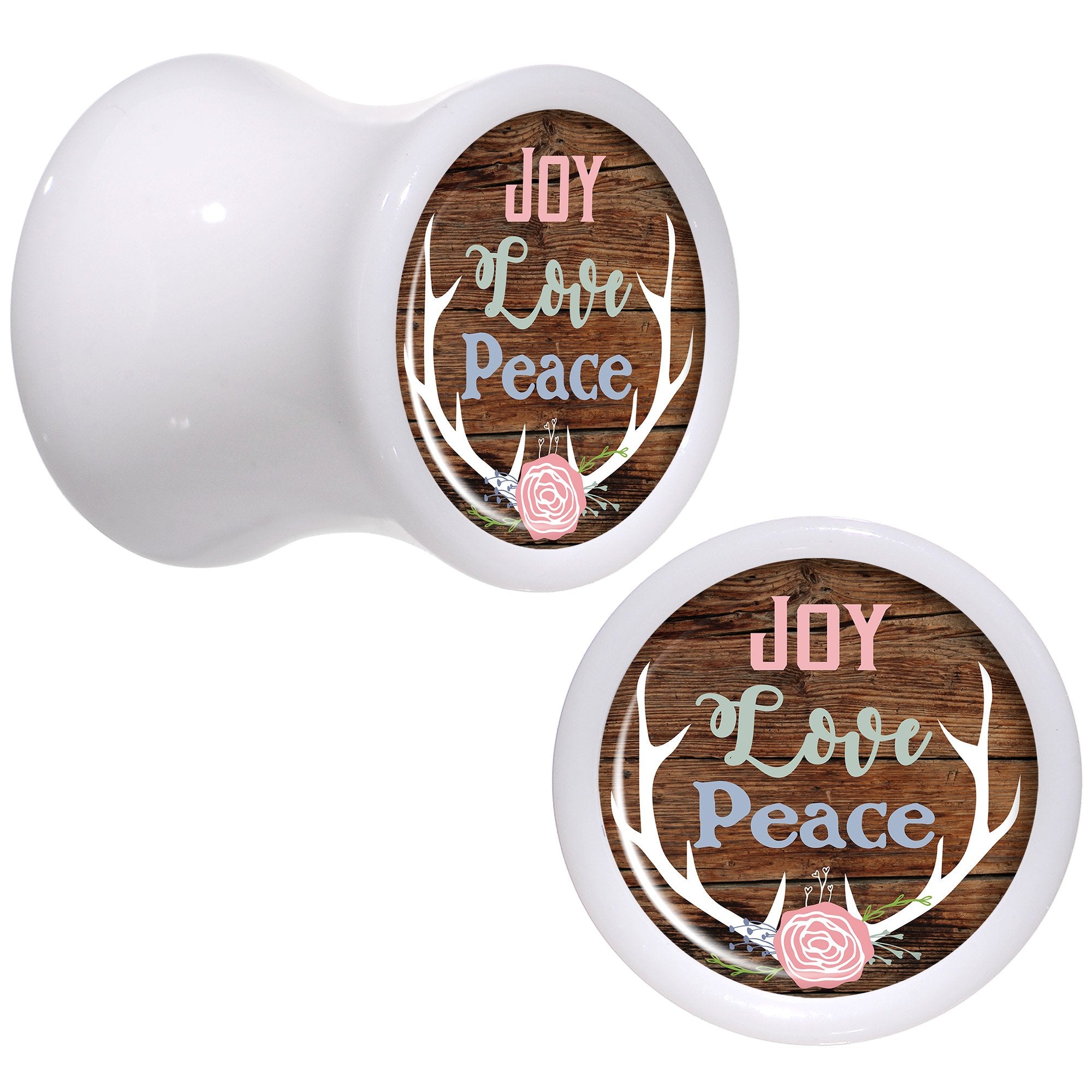 Rustic Joy Love Peace Antlers White Acrylic Saddle Plug Set Sizes 5mm to 20mm