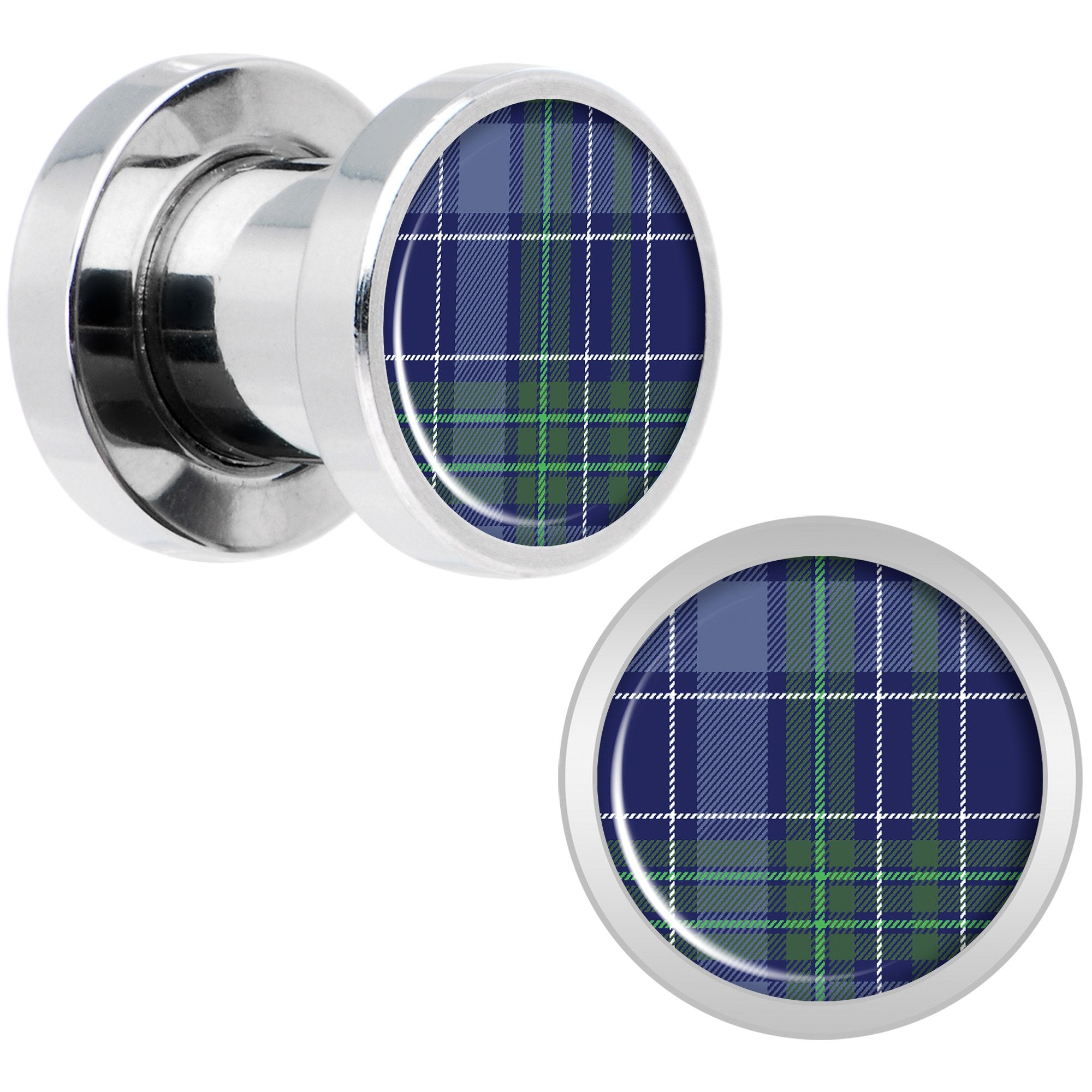 Holiday Blue Green Plaid Screw Fit Plug Set Sizes 5mm to 20mm