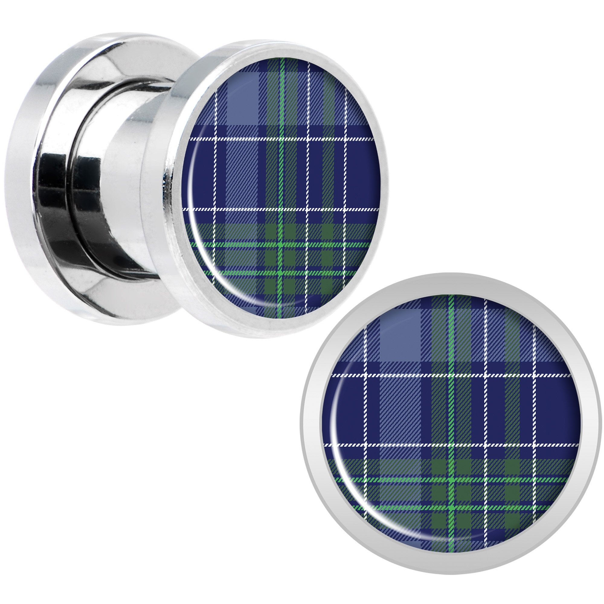 Holiday Blue Green Plaid Screw Fit Plug Set Sizes 5mm to 20mm