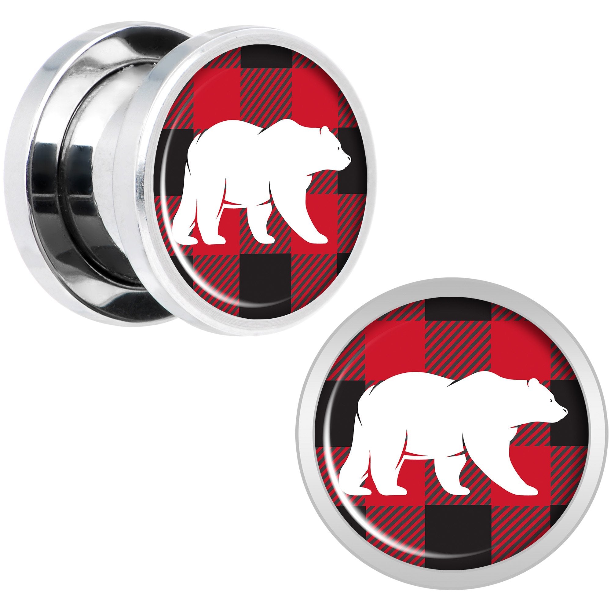 Red Black Plaid Polar Bear Screw Fit Plug Set Sizes 5mm to 20mm