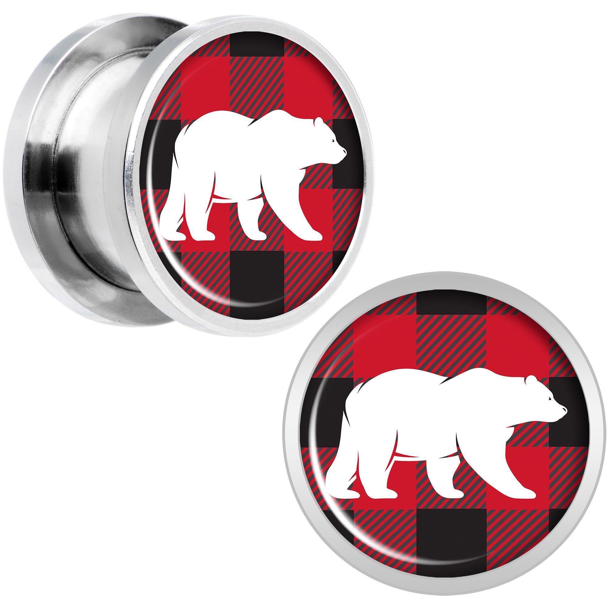 Red Black Plaid Polar Bear Screw Fit Plug Set Sizes 5mm to 20mm