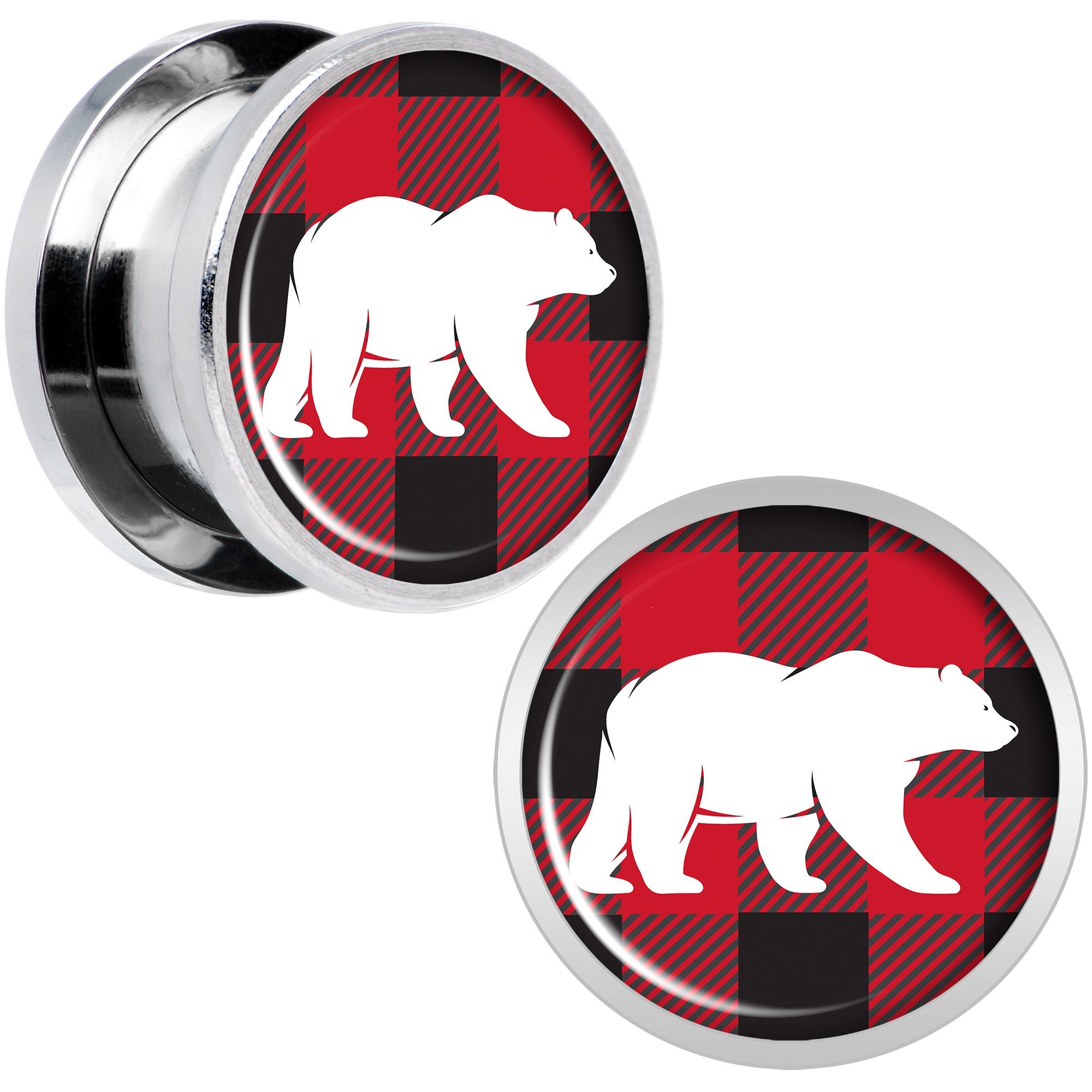 Red Black Plaid Polar Bear Screw Fit Plug Set Sizes 5mm to 20mm