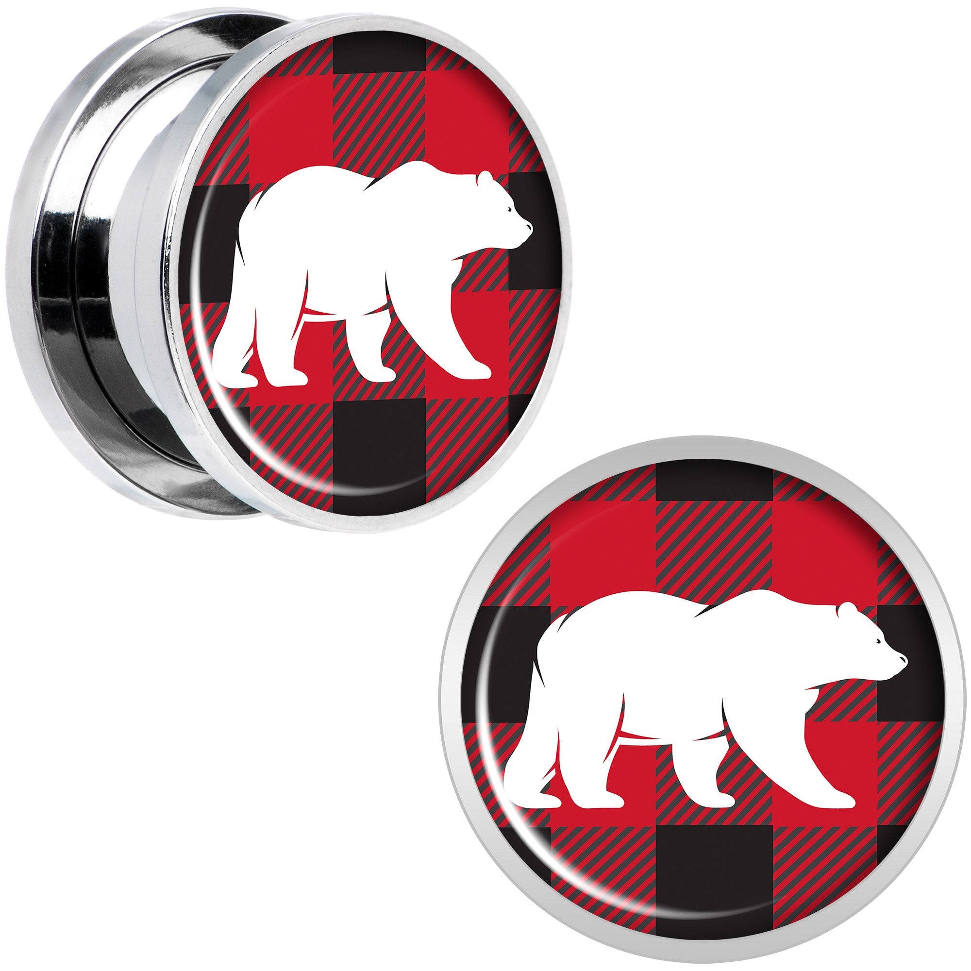 Red Black Plaid Polar Bear Screw Fit Plug Set Sizes 5mm to 20mm