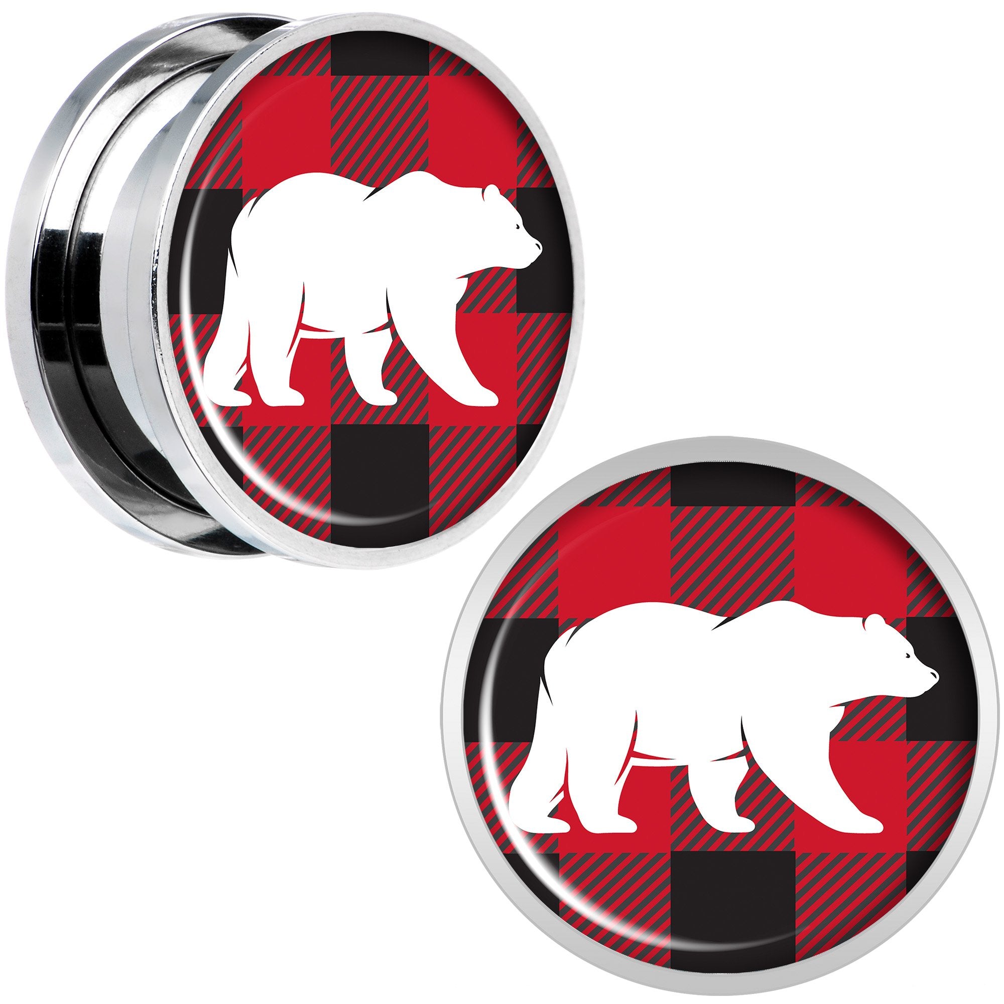 Red Black Plaid Polar Bear Screw Fit Plug Set Sizes 5mm to 20mm