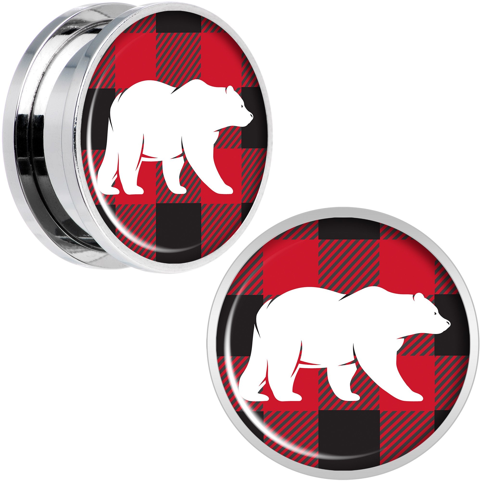 Red Black Plaid Polar Bear Screw Fit Plug Set Sizes 5mm to 20mm