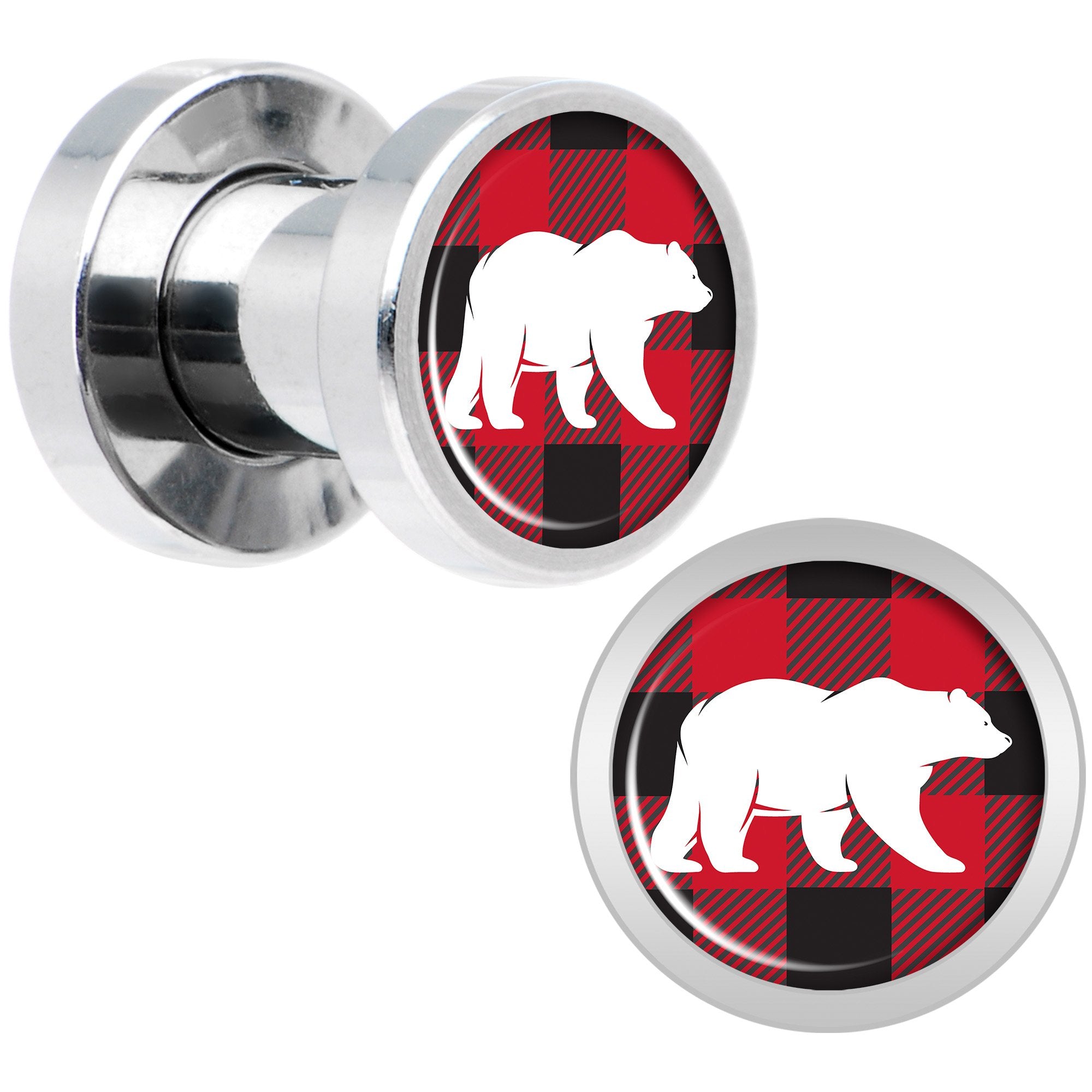 Red Black Plaid Polar Bear Screw Fit Plug Set Sizes 5mm to 20mm