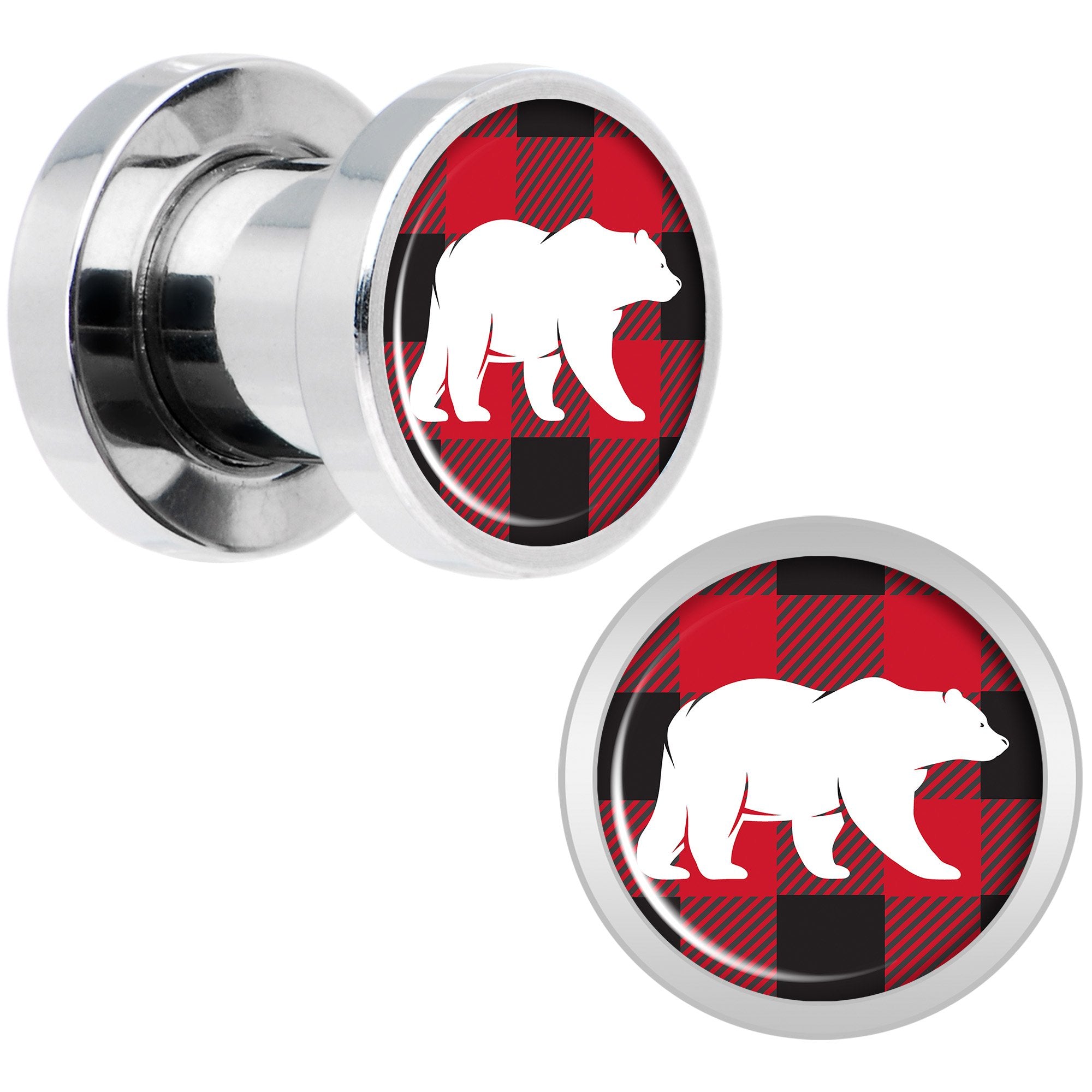 Red Black Plaid Polar Bear Screw Fit Plug Set Sizes 5mm to 20mm