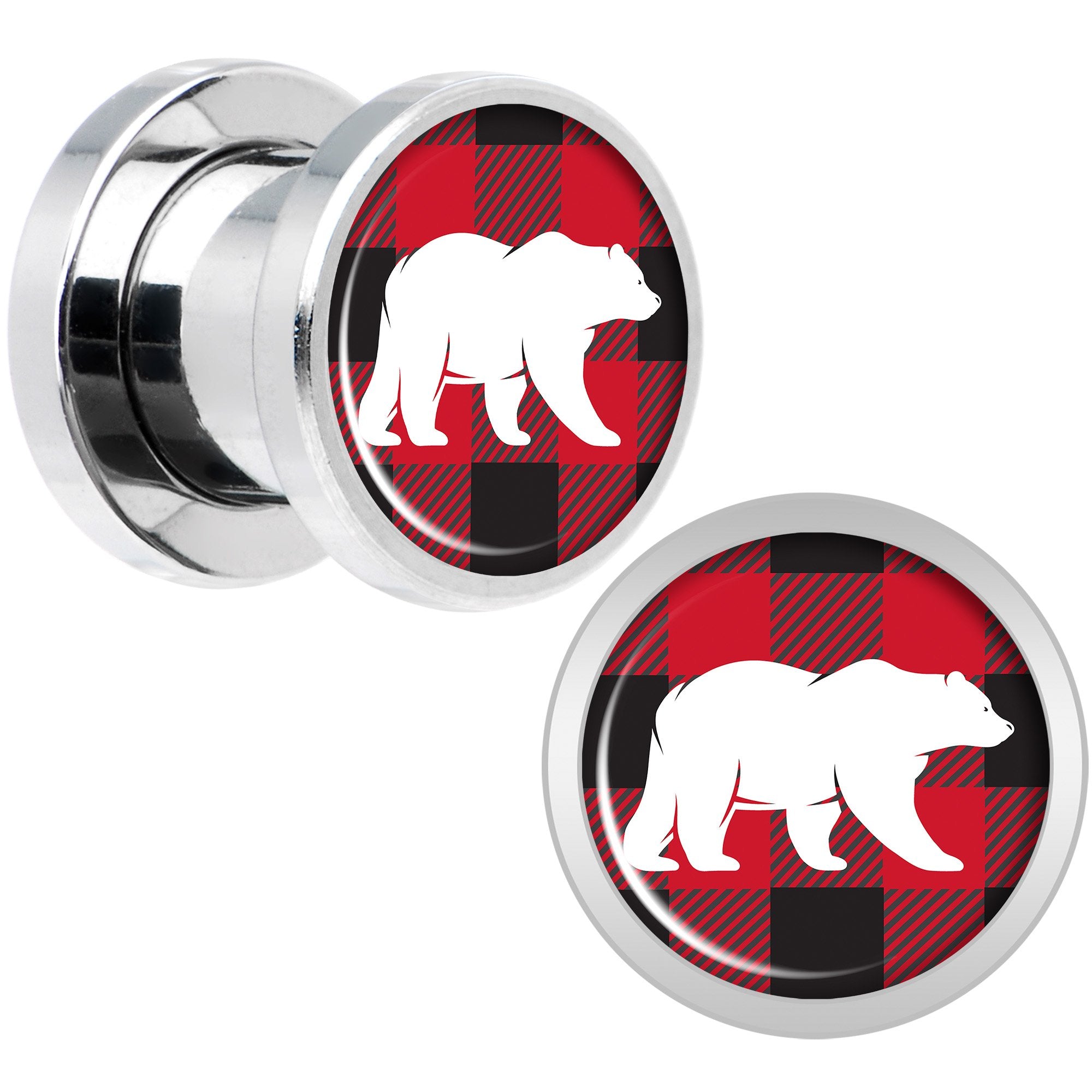 Red Black Plaid Polar Bear Screw Fit Plug Set Sizes 5mm to 20mm