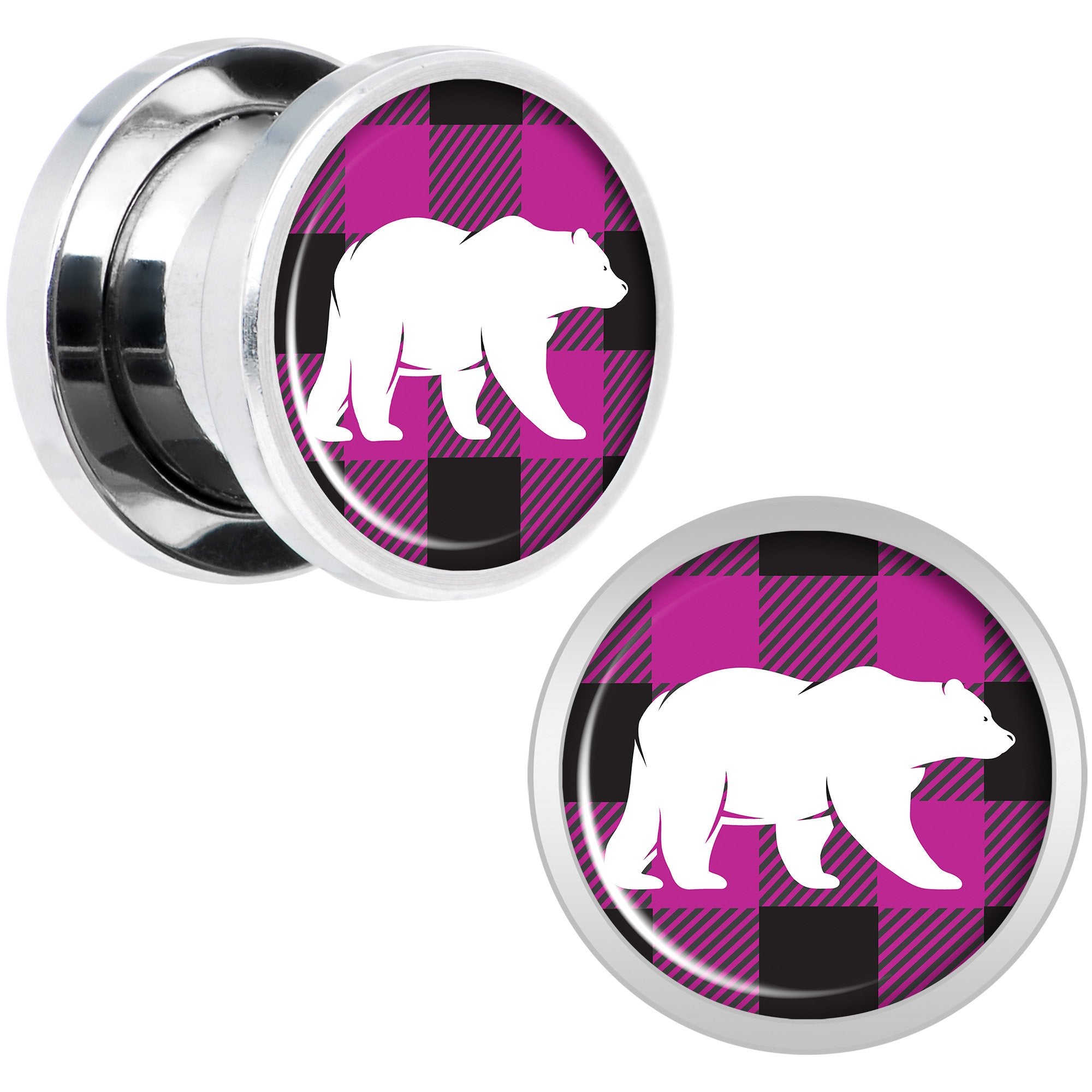 Pink Black Plaid Polar Bear Screw Fit Plug Set Sizes 5mm to 20mm