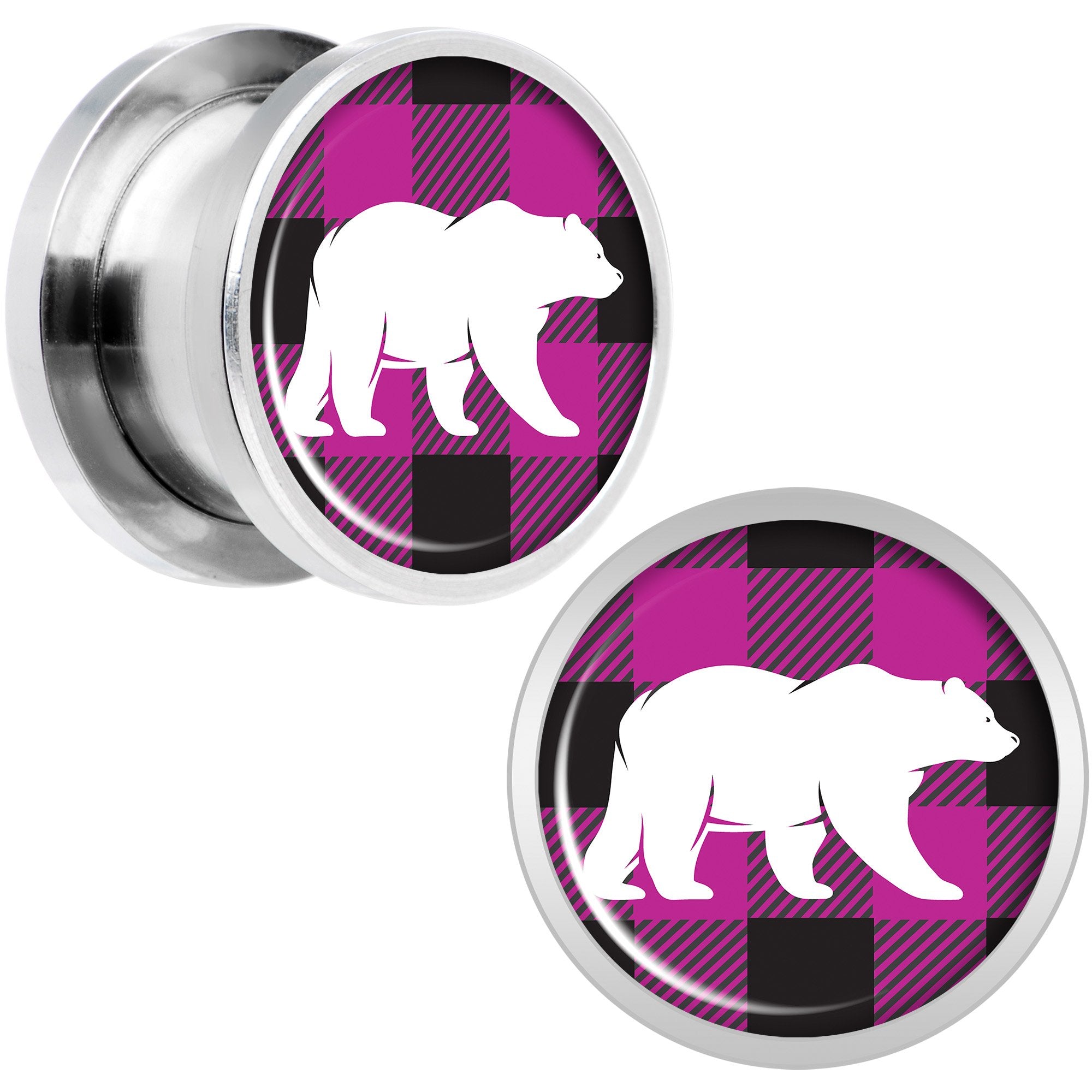 Pink Black Plaid Polar Bear Screw Fit Plug Set Sizes 5mm to 20mm