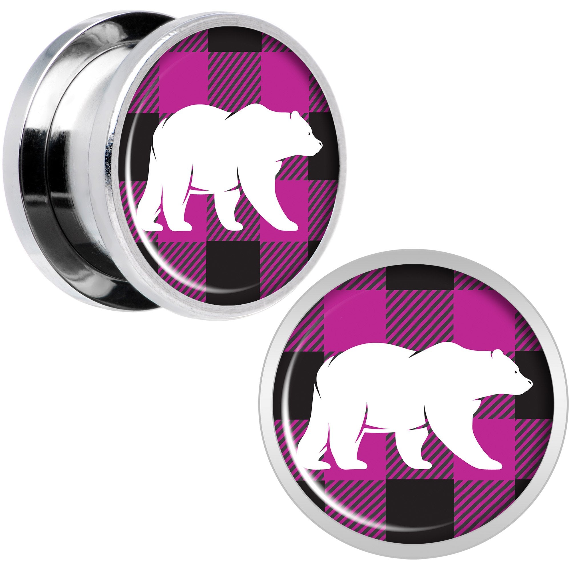 Pink Black Plaid Polar Bear Screw Fit Plug Set Sizes 5mm to 20mm