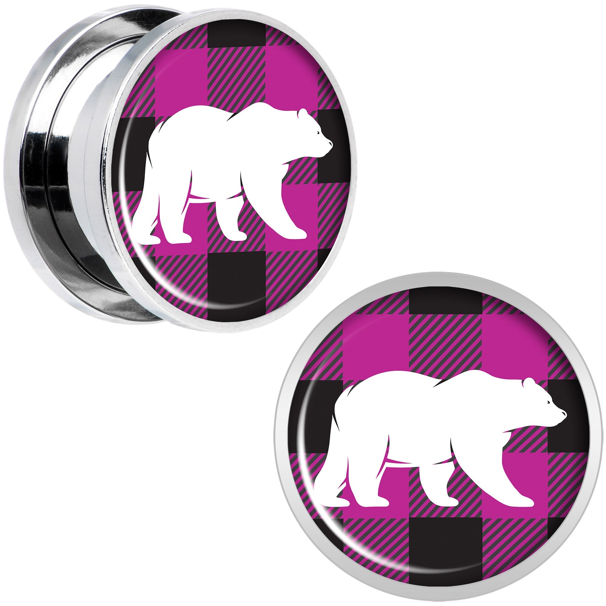 Pink Black Plaid Polar Bear Screw Fit Plug Set Sizes 5mm to 20mm