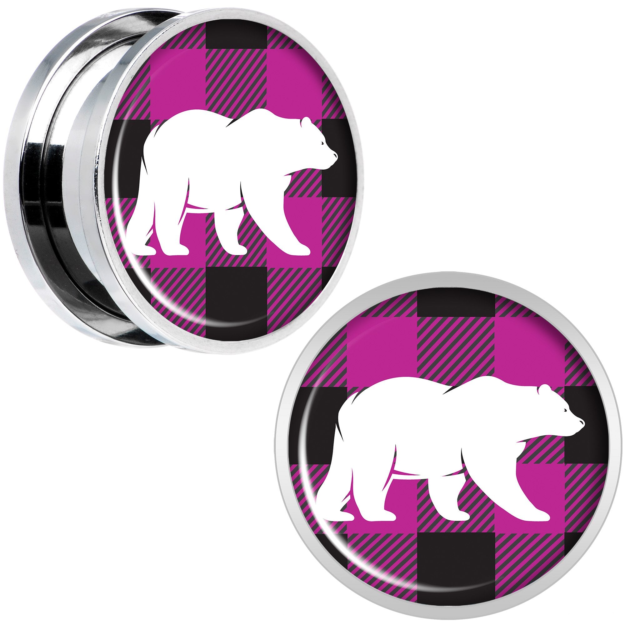 Pink Black Plaid Polar Bear Screw Fit Plug Set Sizes 5mm to 20mm