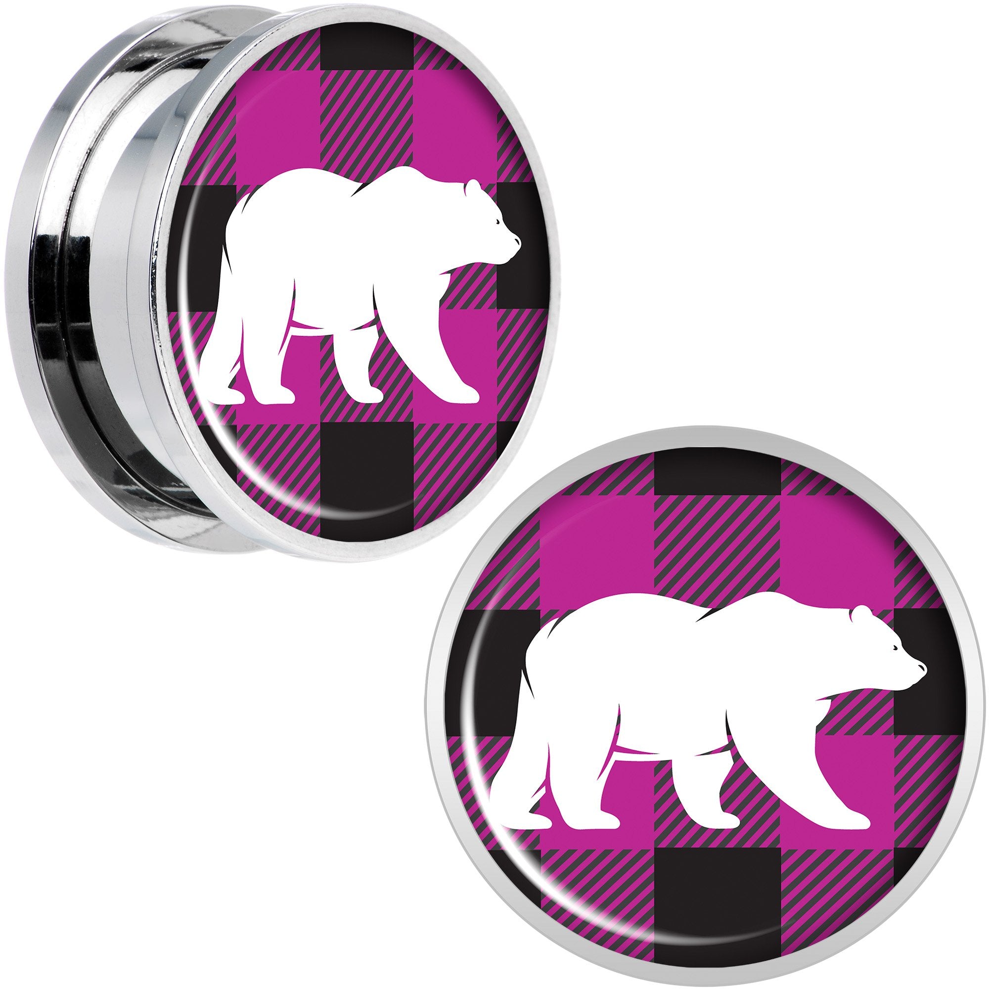 Pink Black Plaid Polar Bear Screw Fit Plug Set Sizes 5mm to 20mm