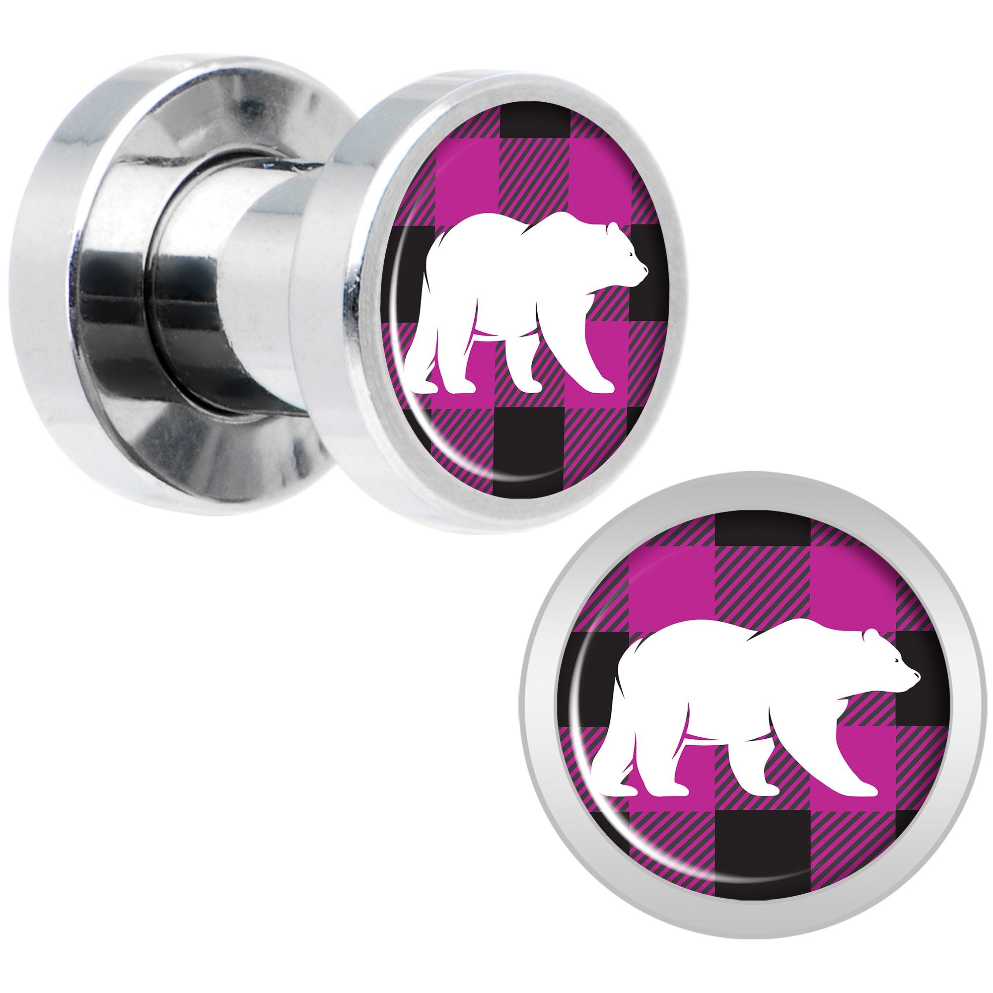 Pink Black Plaid Polar Bear Screw Fit Plug Set Sizes 5mm to 20mm