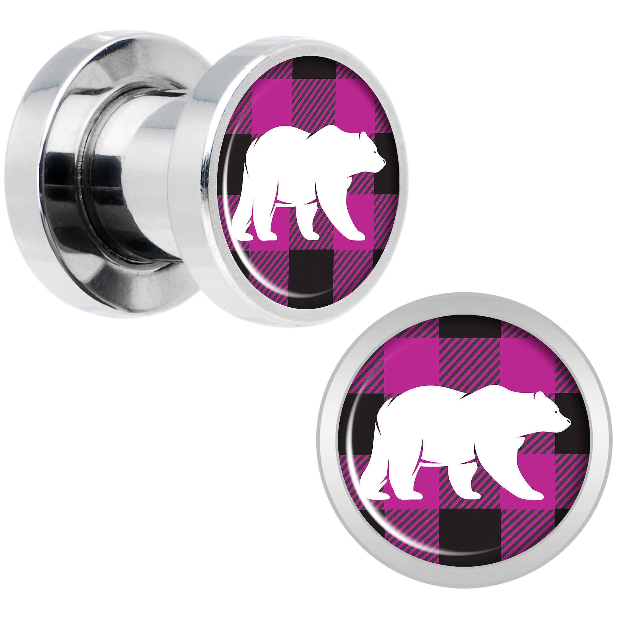 Pink Black Plaid Polar Bear Screw Fit Plug Set Sizes 5mm to 20mm