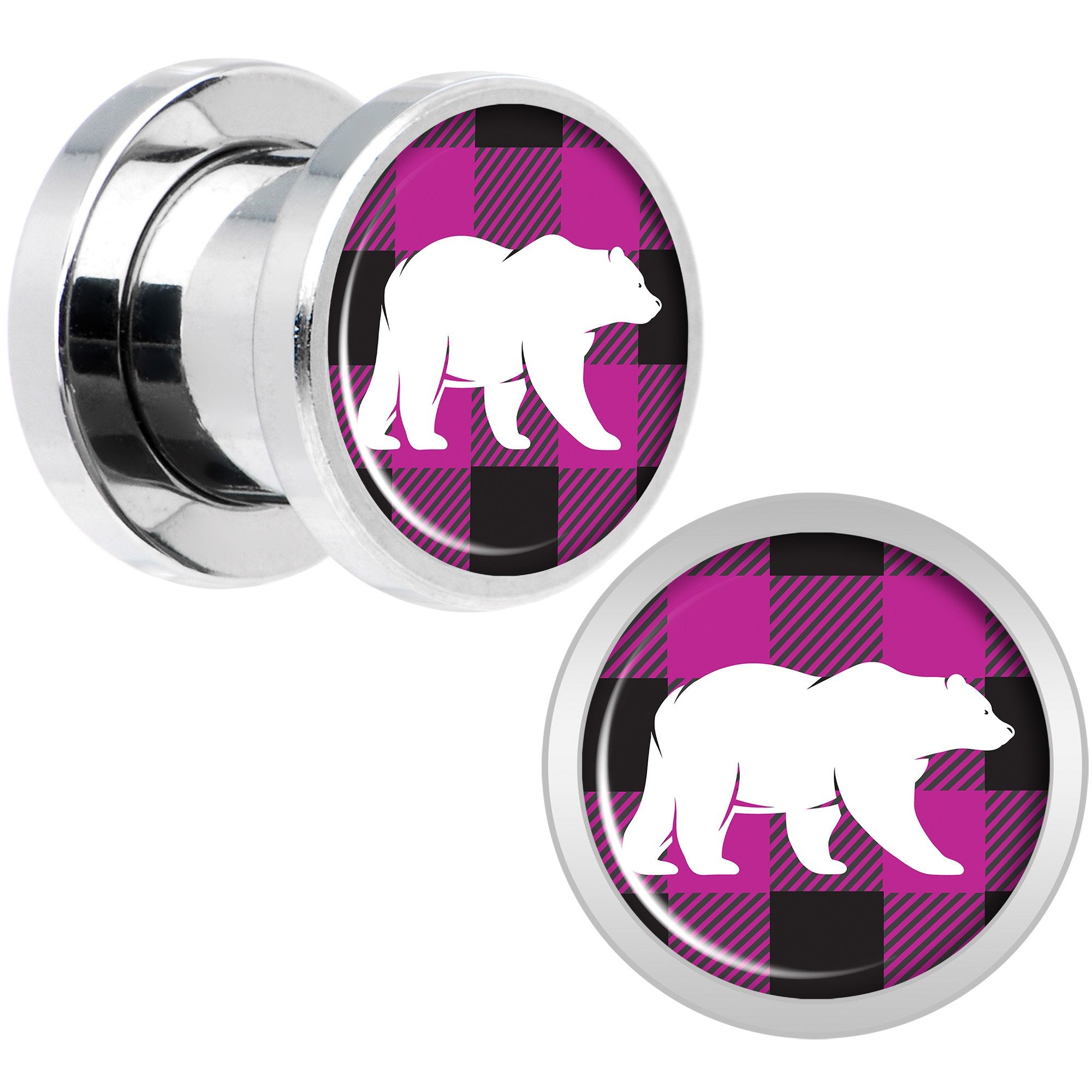 Pink Black Plaid Polar Bear Screw Fit Plug Set Sizes 5mm to 20mm