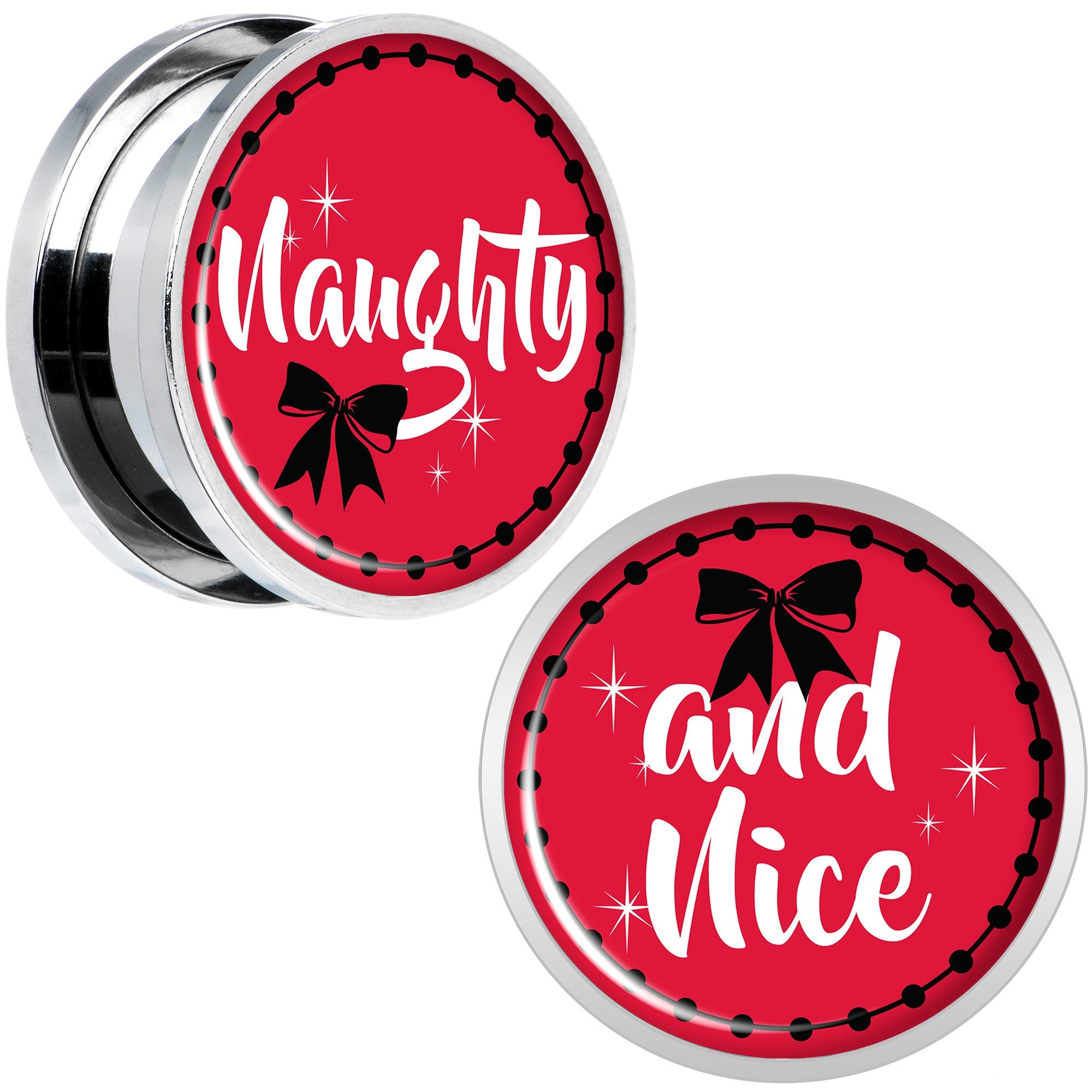 Red Holiday Naughtyy and Nice Screw Fit Plug Set Sizes 6mm to 20mm