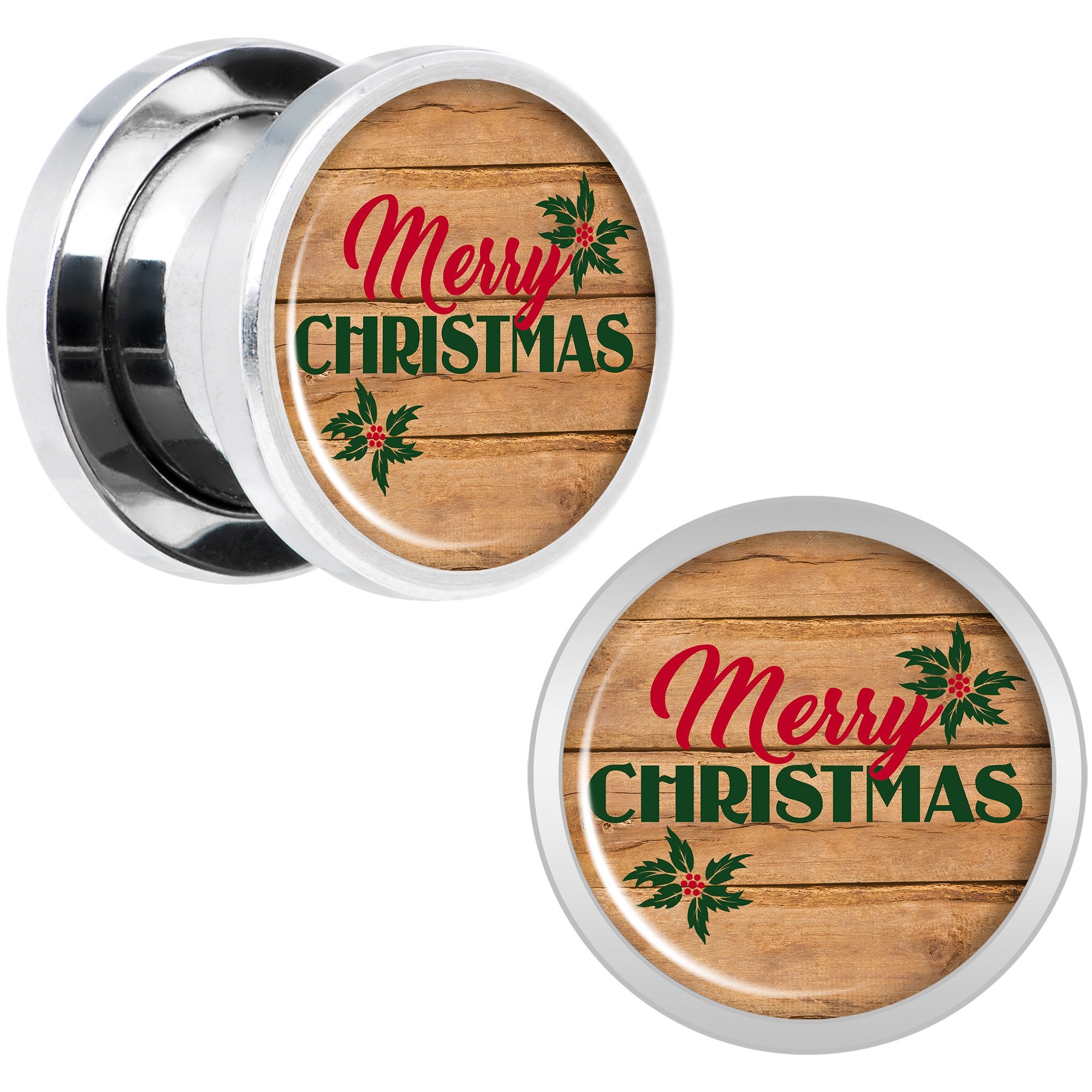 Rustic Wood Merry Christmas Screw Fit Plug Set Sizes 6mm to 20mm