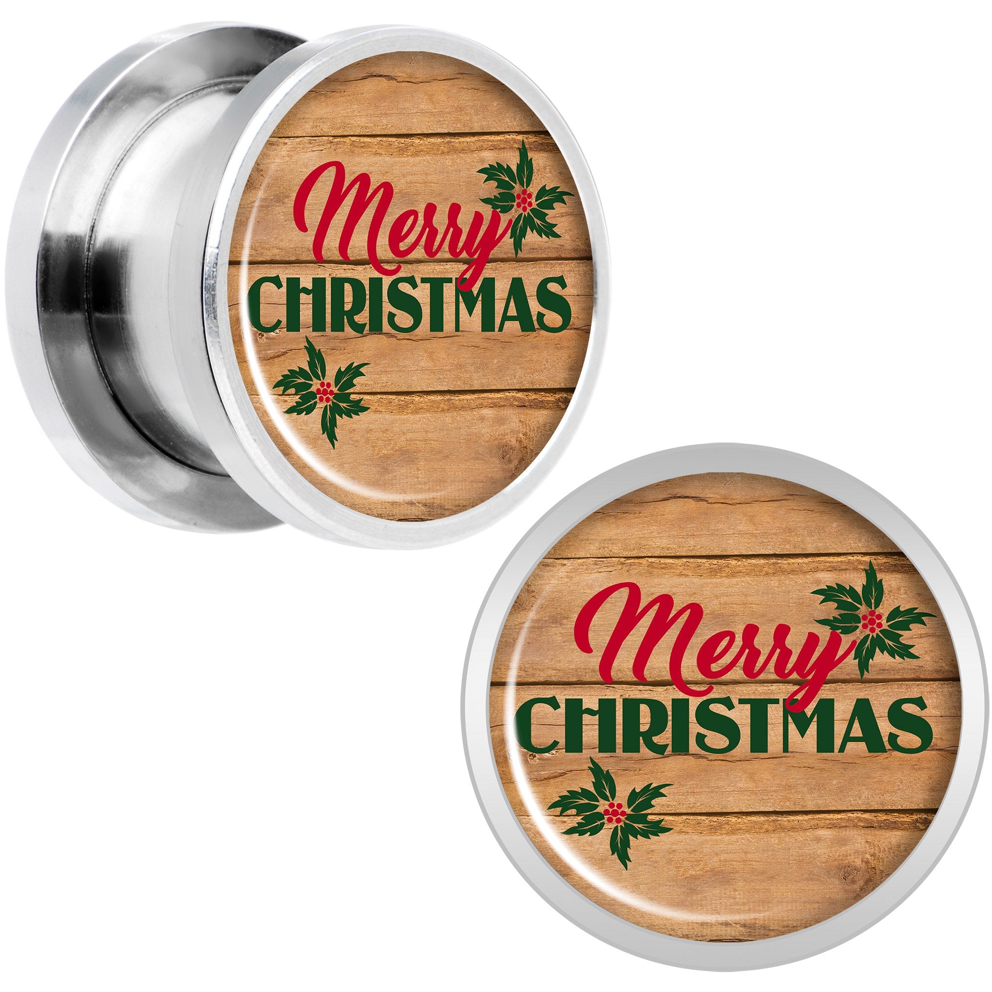 Rustic Wood Merry Christmas Screw Fit Plug Set Sizes 6mm to 20mm