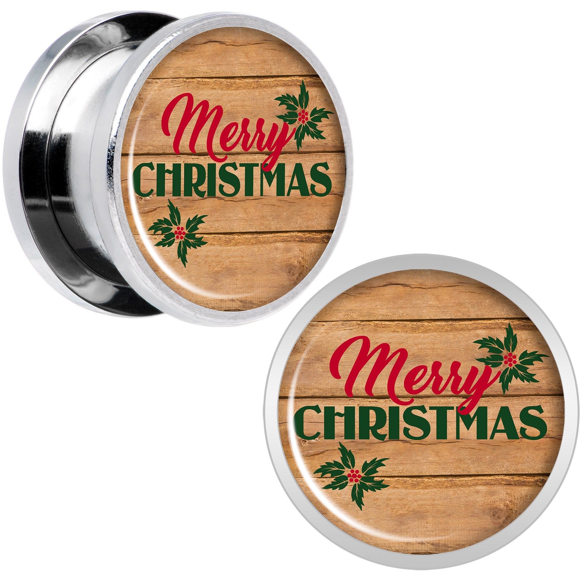 Rustic Wood Merry Christmas Screw Fit Plug Set Sizes 6mm to 20mm