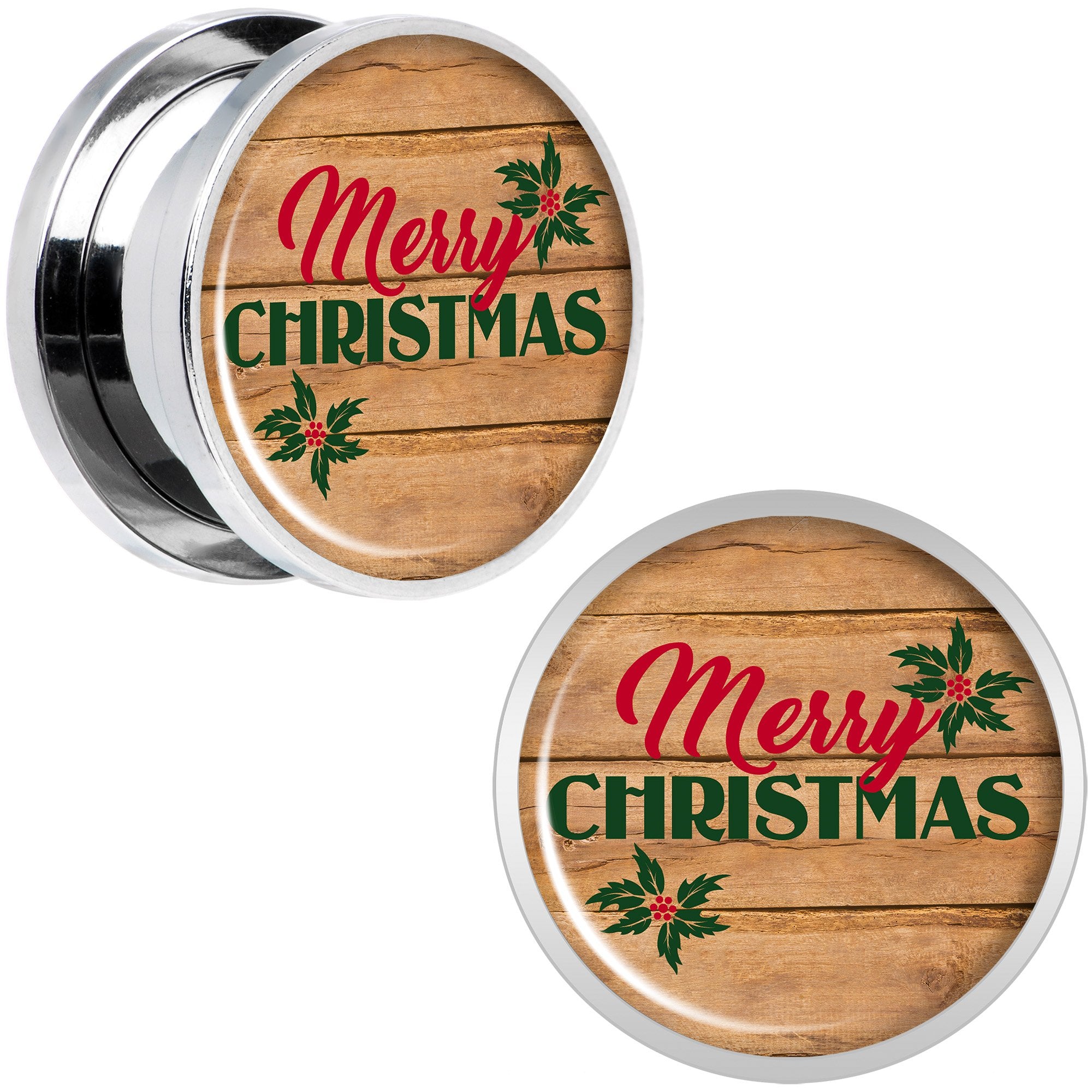 Rustic Wood Merry Christmas Screw Fit Plug Set Sizes 6mm to 20mm