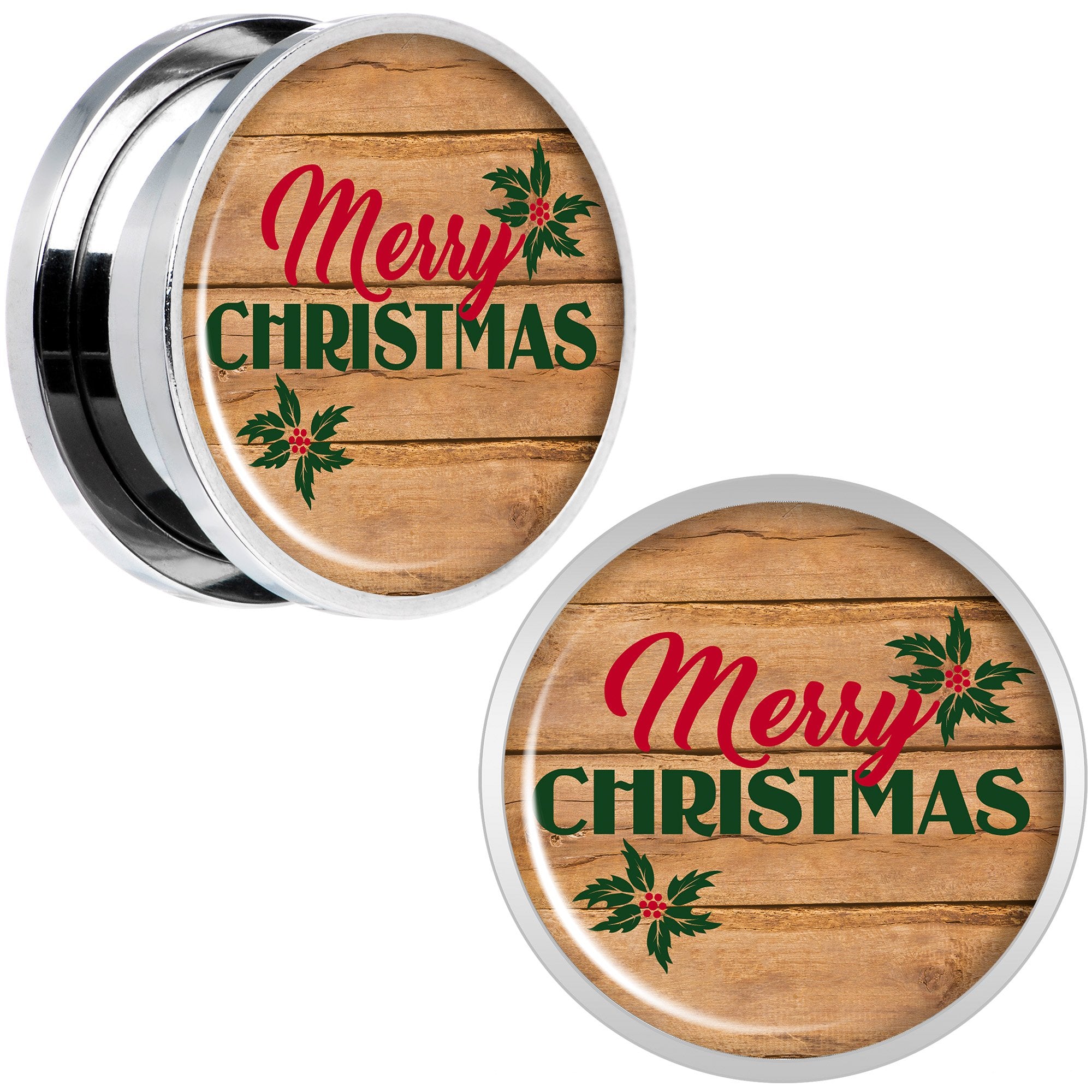 Rustic Wood Merry Christmas Screw Fit Plug Set Sizes 6mm to 20mm