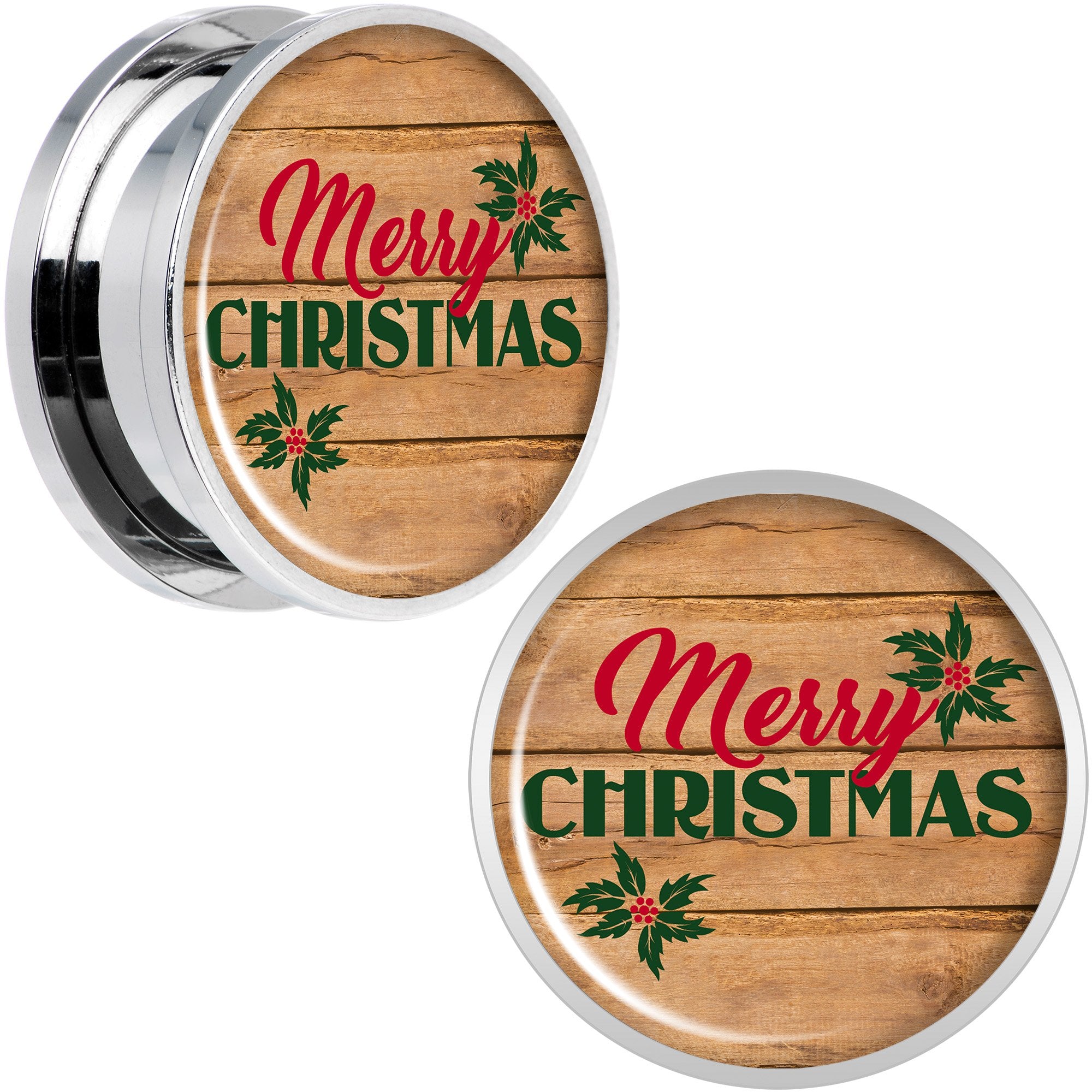 Rustic Wood Merry Christmas Screw Fit Plug Set Sizes 6mm to 20mm