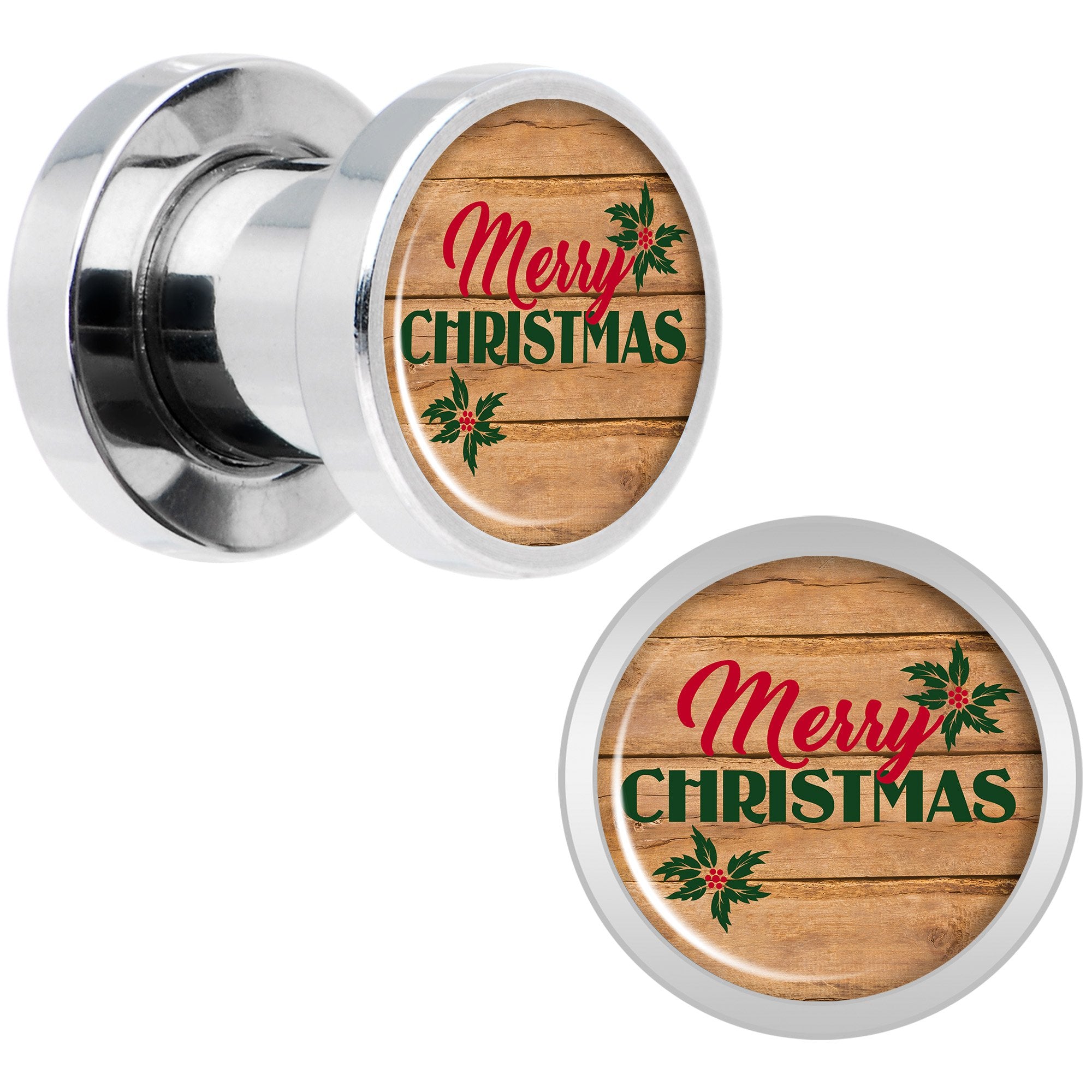 Rustic Wood Merry Christmas Screw Fit Plug Set Sizes 6mm to 20mm