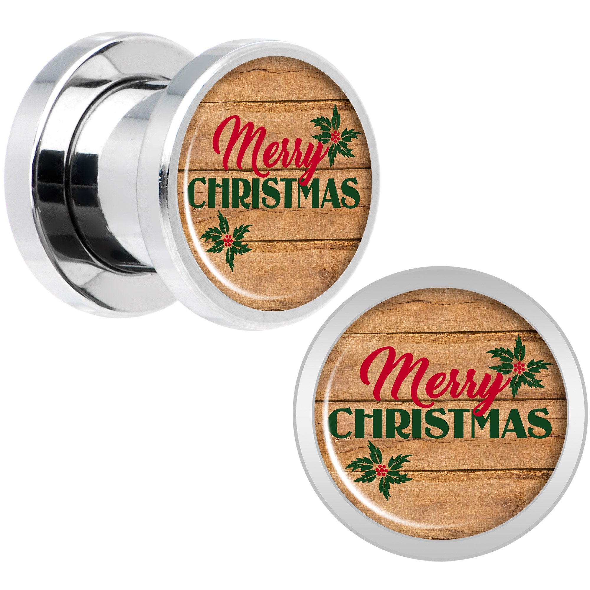 Rustic Wood Merry Christmas Screw Fit Plug Set Sizes 6mm to 20mm