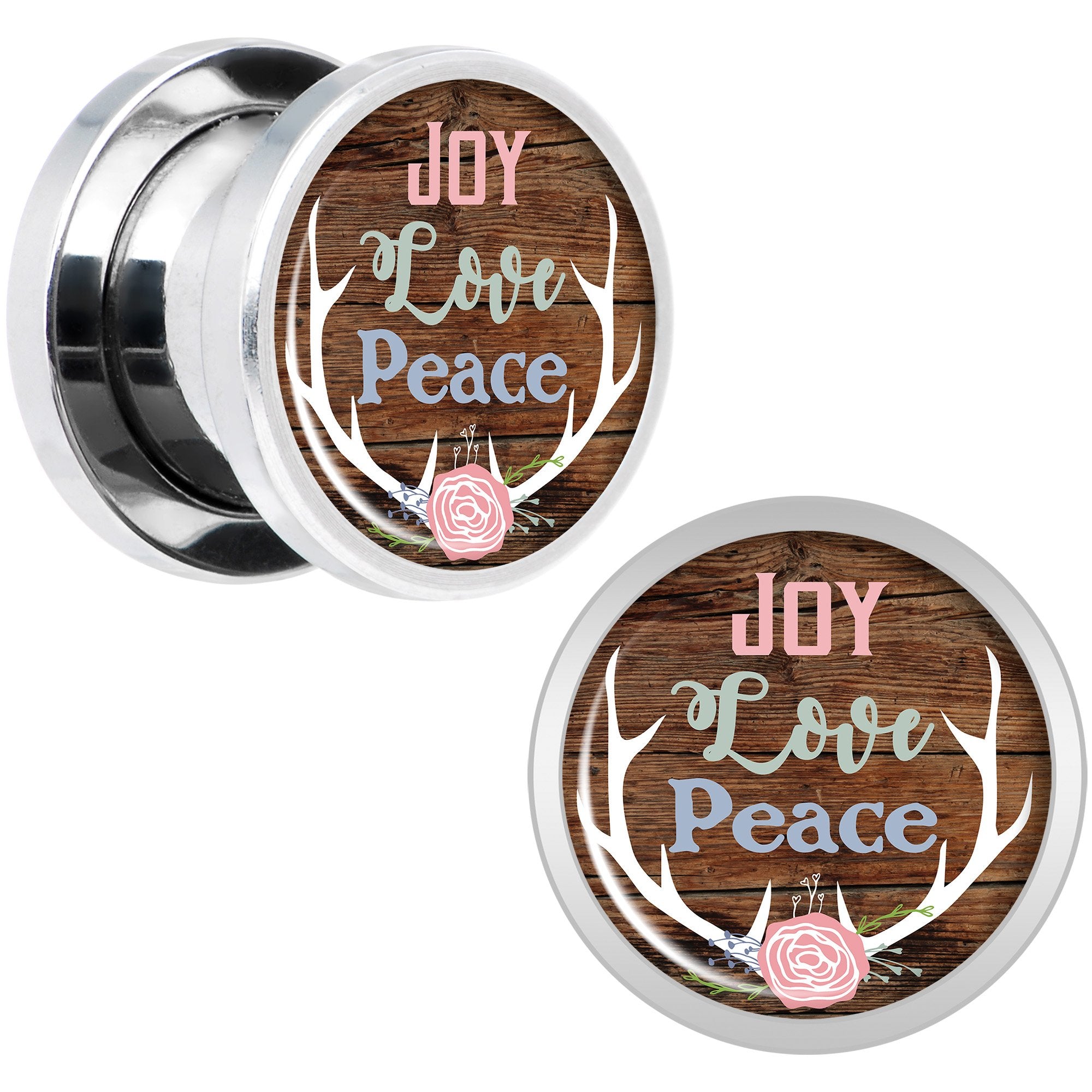 Rustic Joy Love Peace Antlers Screw Fit Plug Set Sizes 5mm to 20mm