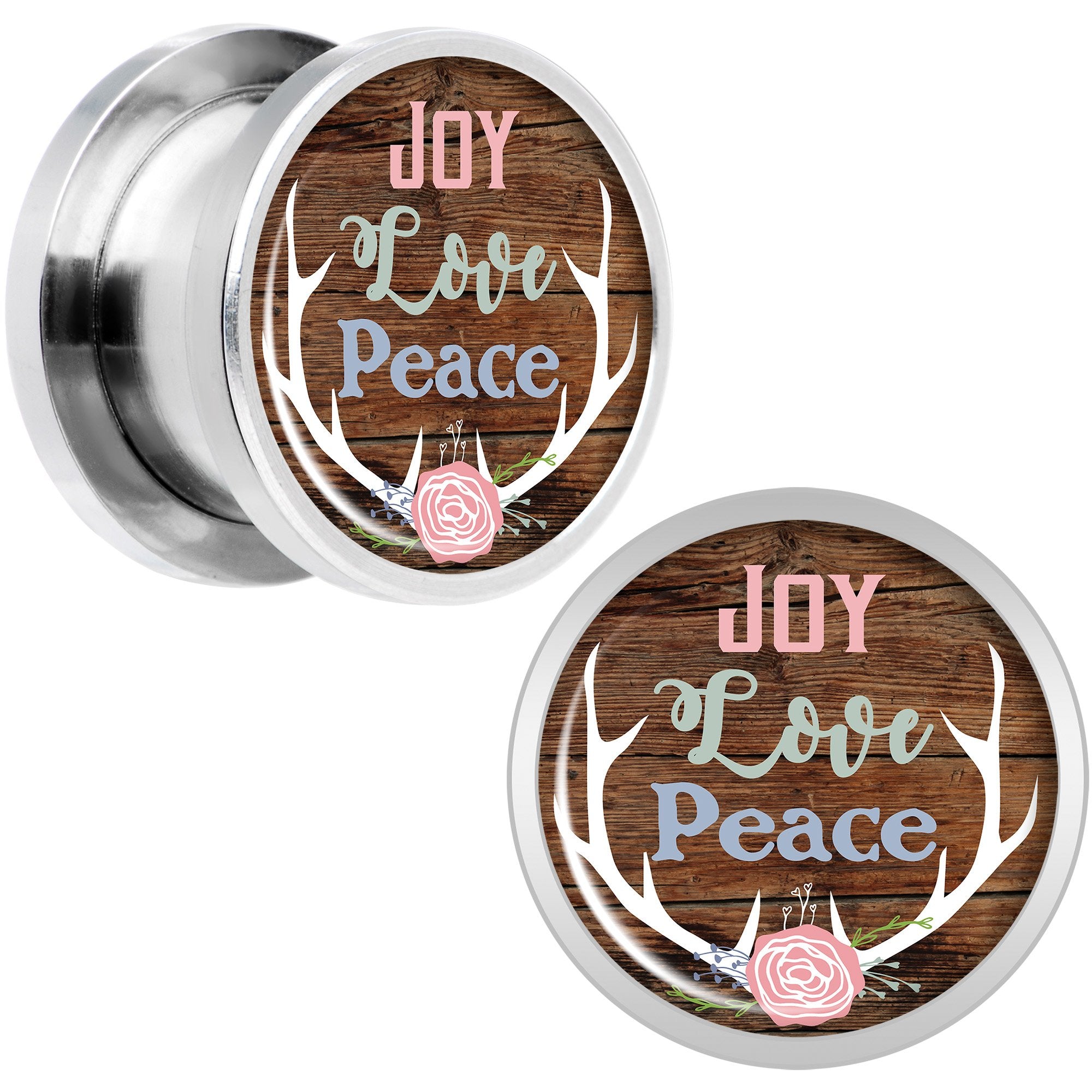 Rustic Joy Love Peace Antlers Screw Fit Plug Set Sizes 5mm to 20mm