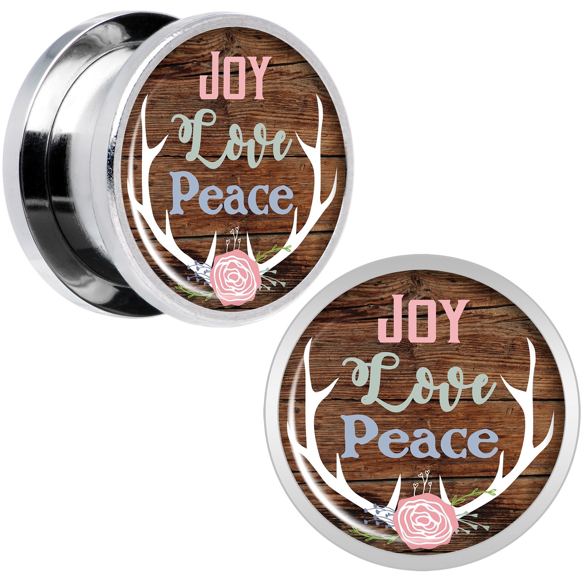 Rustic Joy Love Peace Antlers Screw Fit Plug Set Sizes 5mm to 20mm