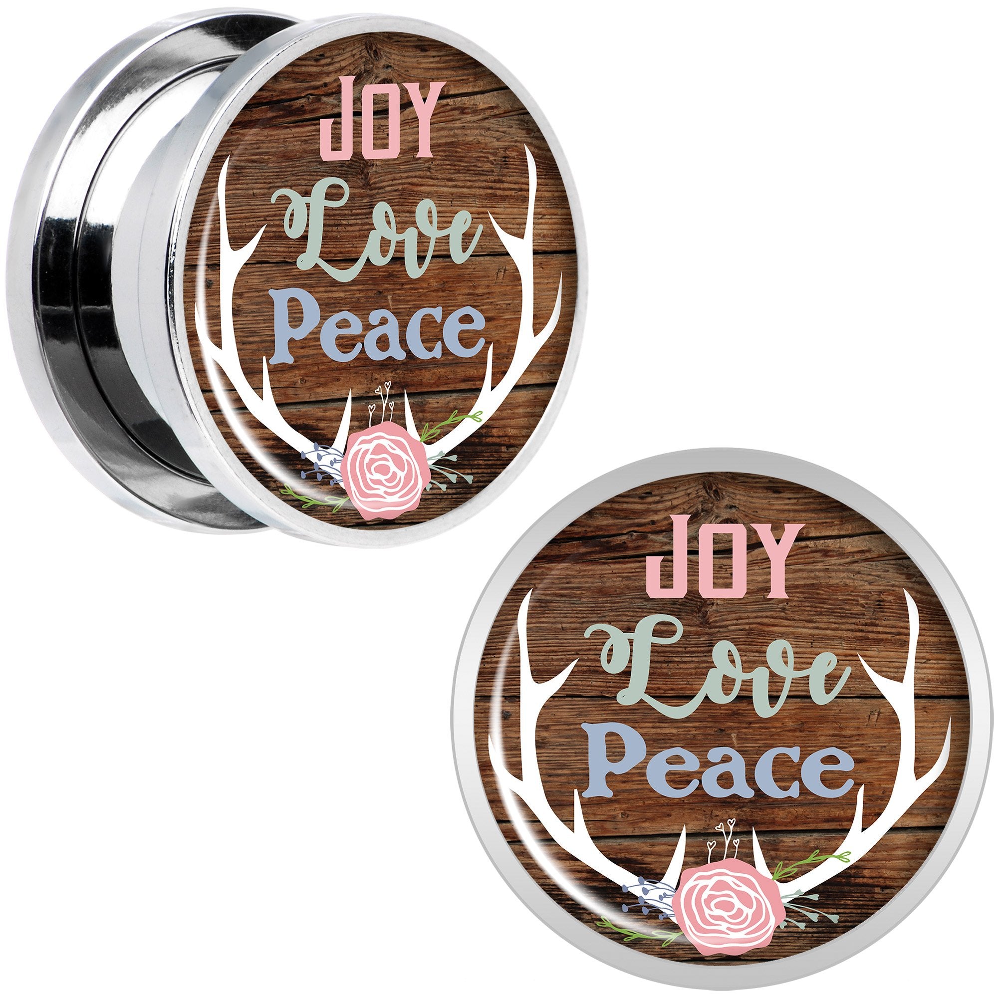 Rustic Joy Love Peace Antlers Screw Fit Plug Set Sizes 5mm to 20mm