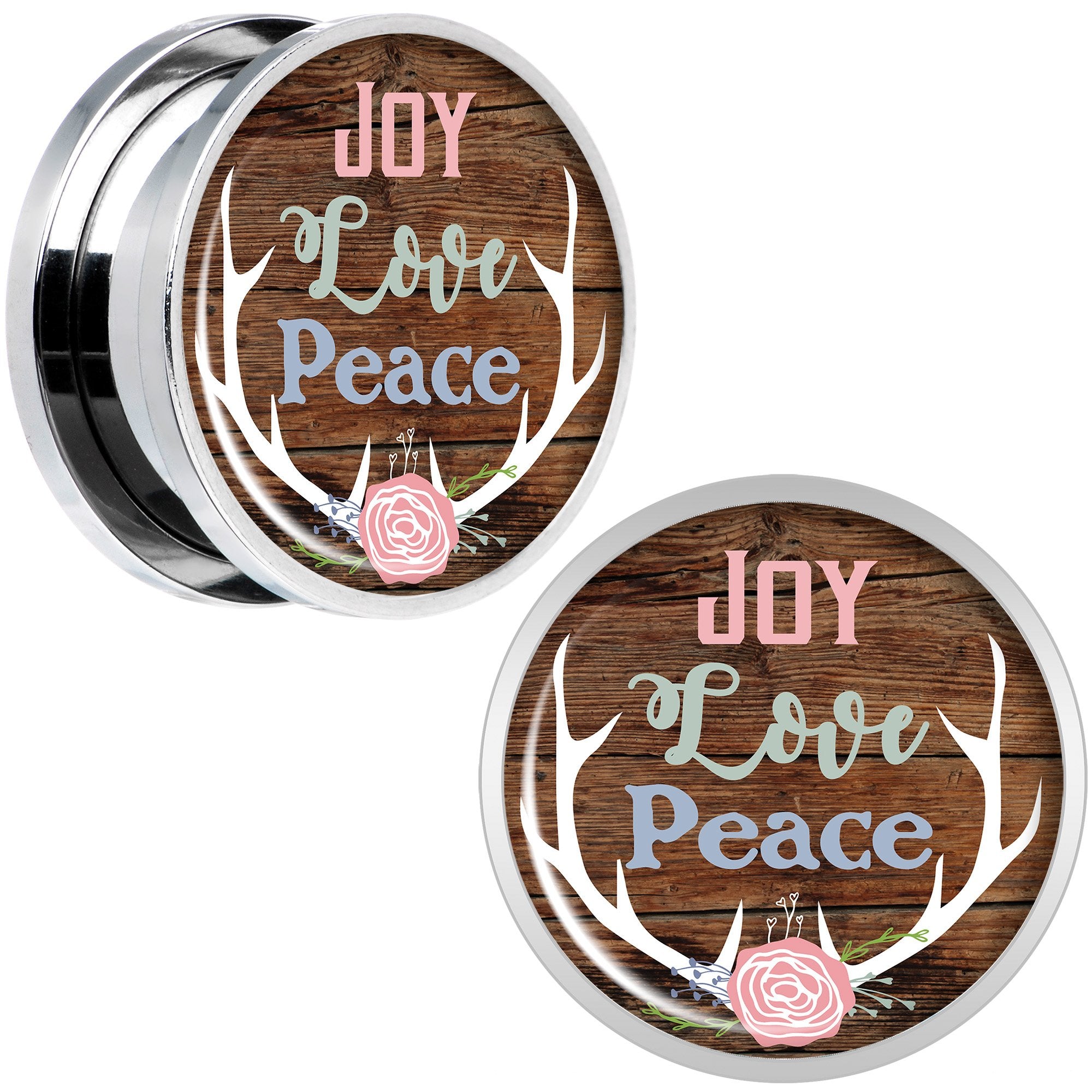 Rustic Joy Love Peace Antlers Screw Fit Plug Set Sizes 5mm to 20mm