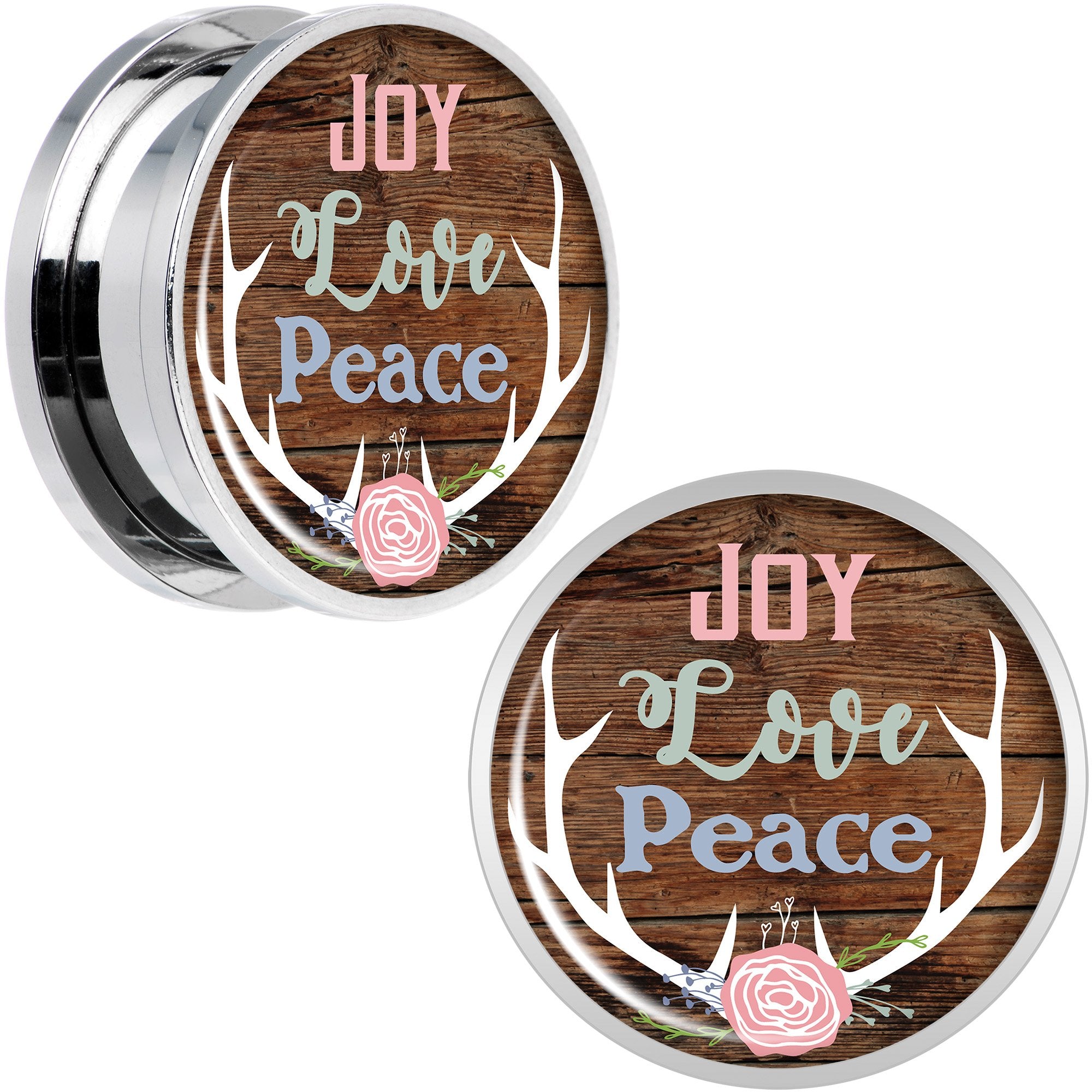 Rustic Joy Love Peace Antlers Screw Fit Plug Set Sizes 5mm to 20mm