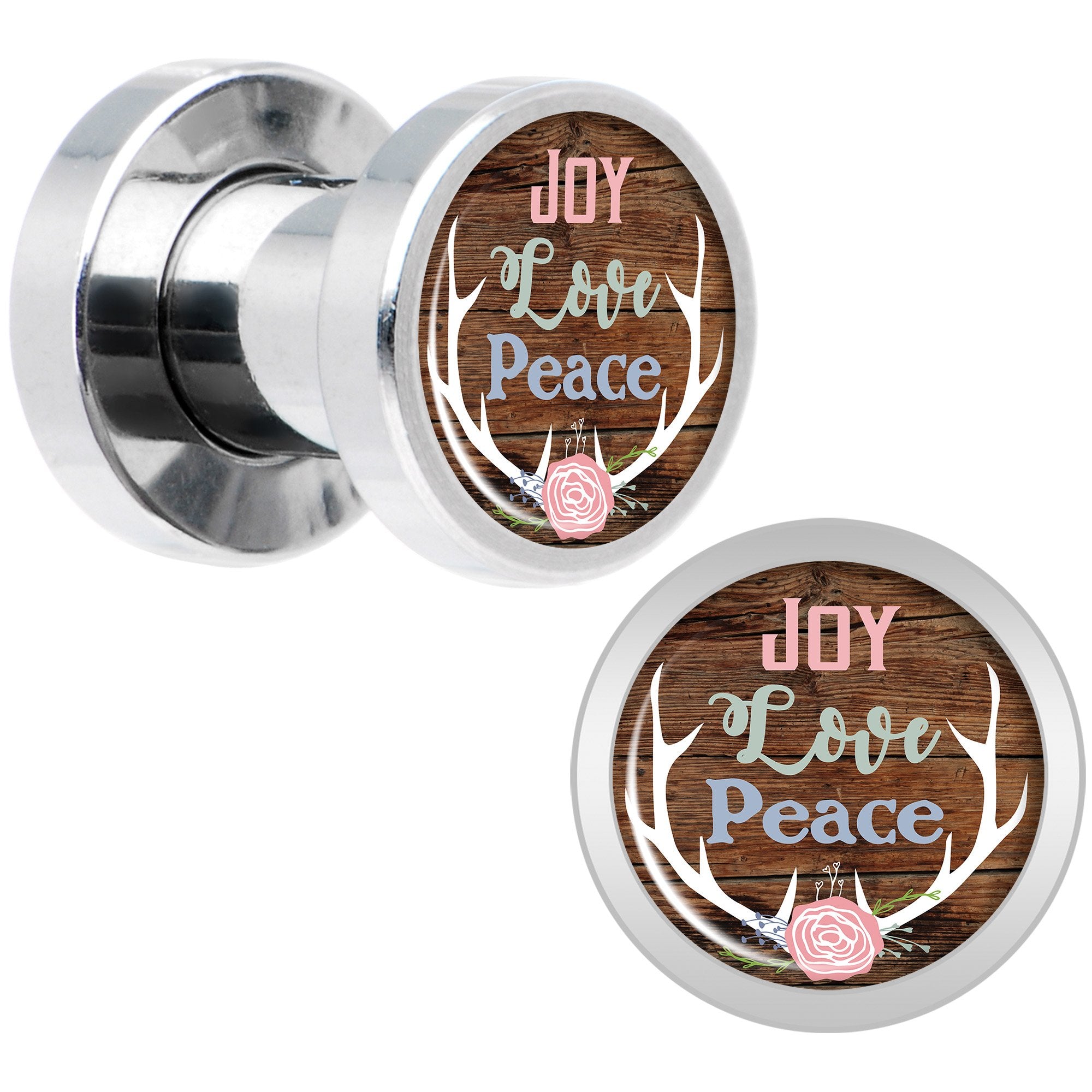 Rustic Joy Love Peace Antlers Screw Fit Plug Set Sizes 5mm to 20mm