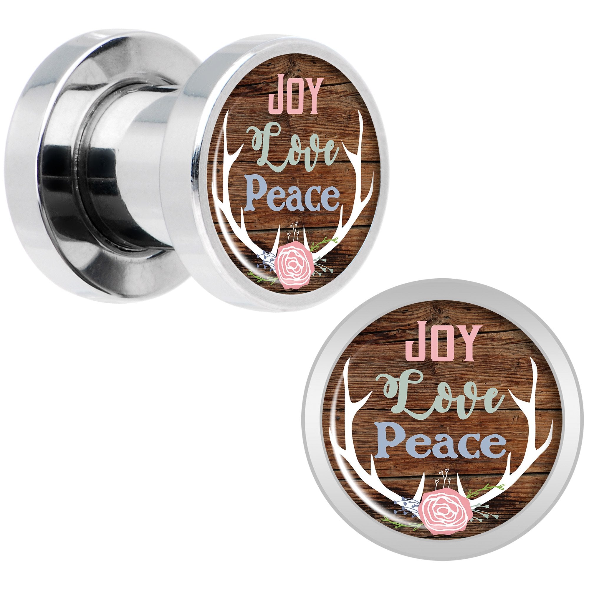 Rustic Joy Love Peace Antlers Screw Fit Plug Set Sizes 5mm to 20mm