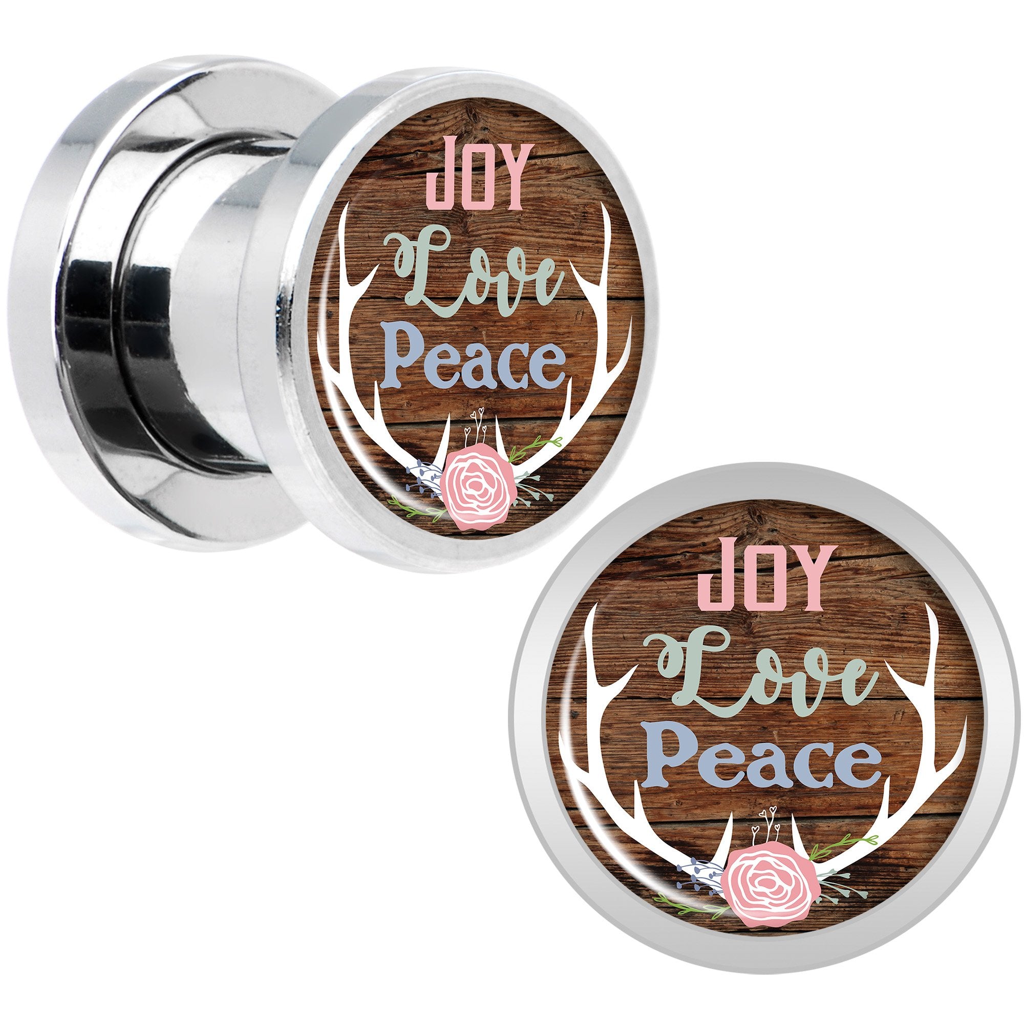 Rustic Joy Love Peace Antlers Screw Fit Plug Set Sizes 5mm to 20mm