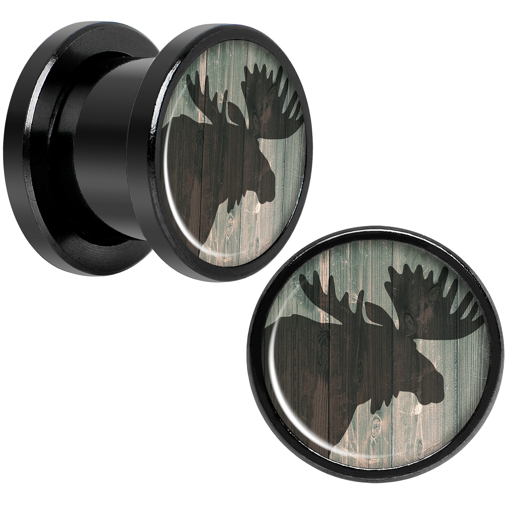 Holiday Rustic Wood Moose Black Screw Fit Plug Set Sizes 5mm to 20mm