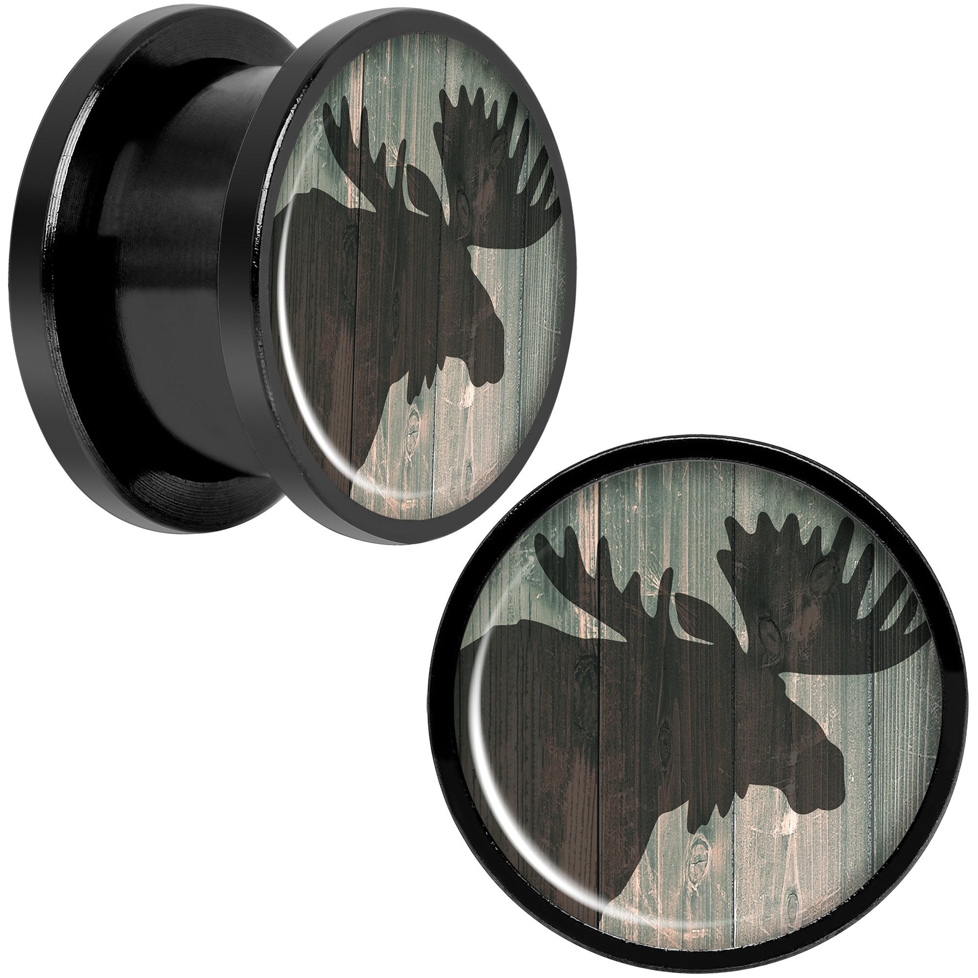 Holiday Rustic Wood Moose Black Screw Fit Plug Set Sizes 5mm to 20mm