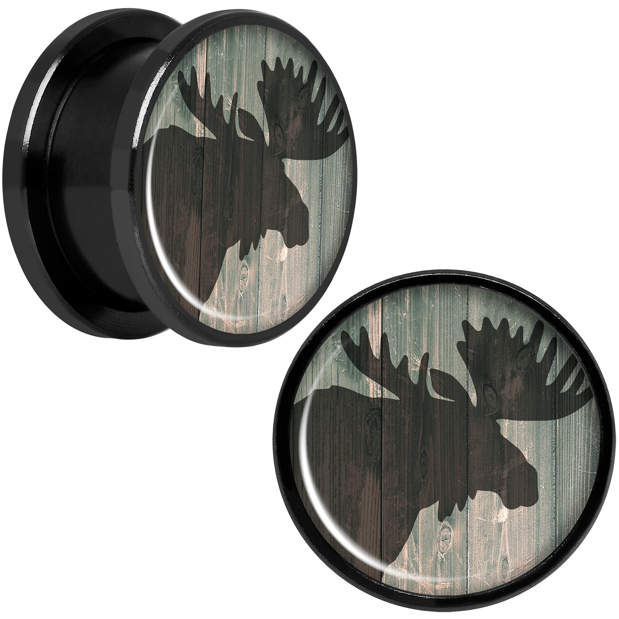 Holiday Rustic Wood Moose Black Screw Fit Plug Set Sizes 5mm to 20mm