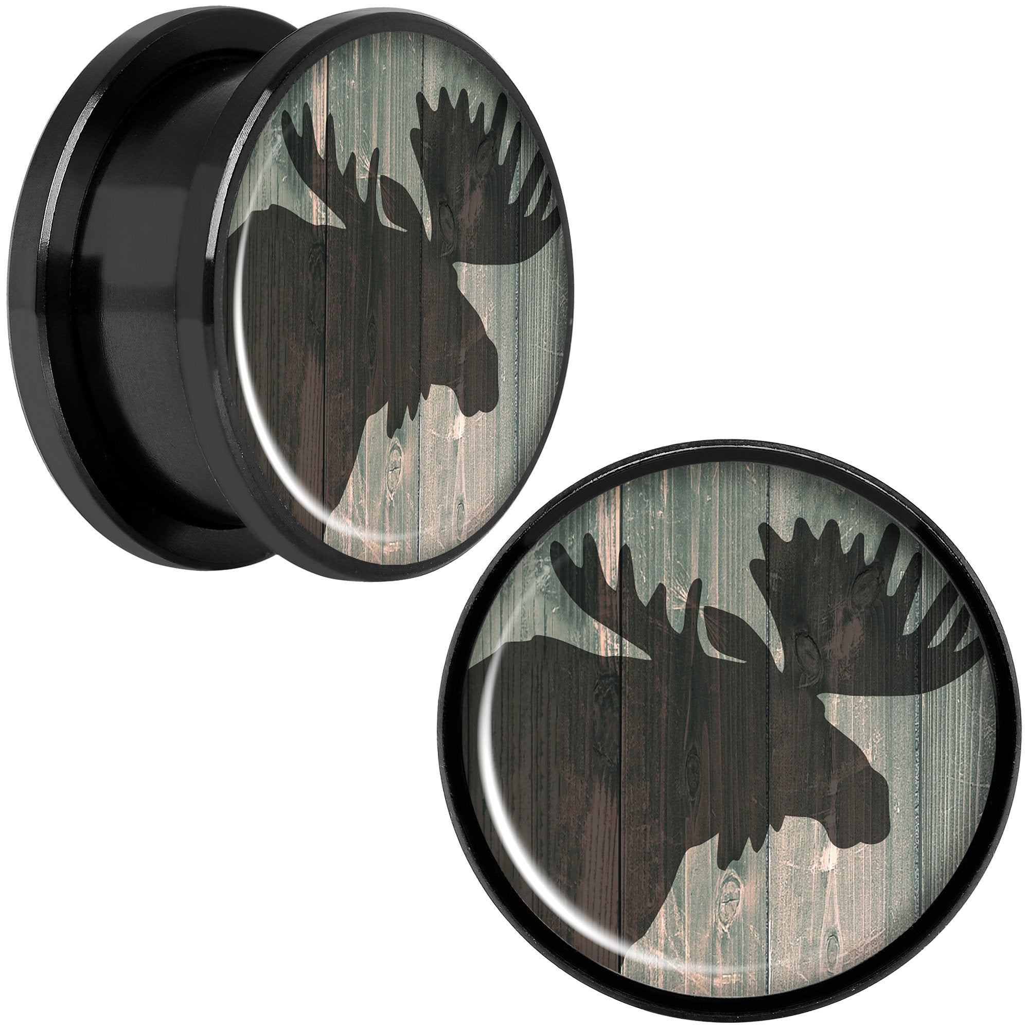 Holiday Rustic Wood Moose Black Screw Fit Plug Set Sizes 5mm to 20mm