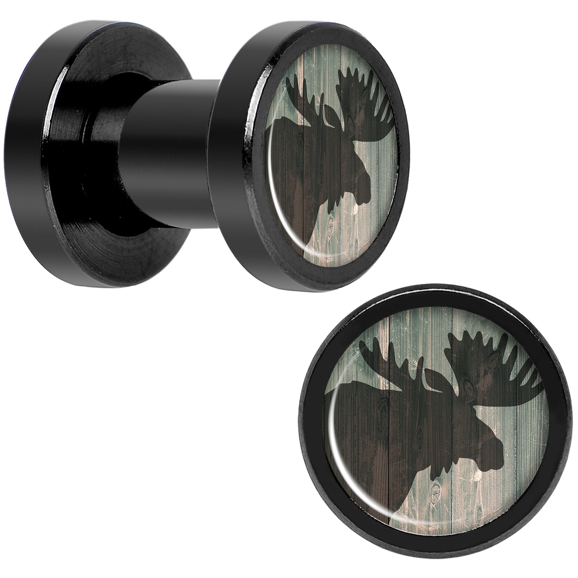 Holiday Rustic Wood Moose Black Screw Fit Plug Set Sizes 5mm to 20mm