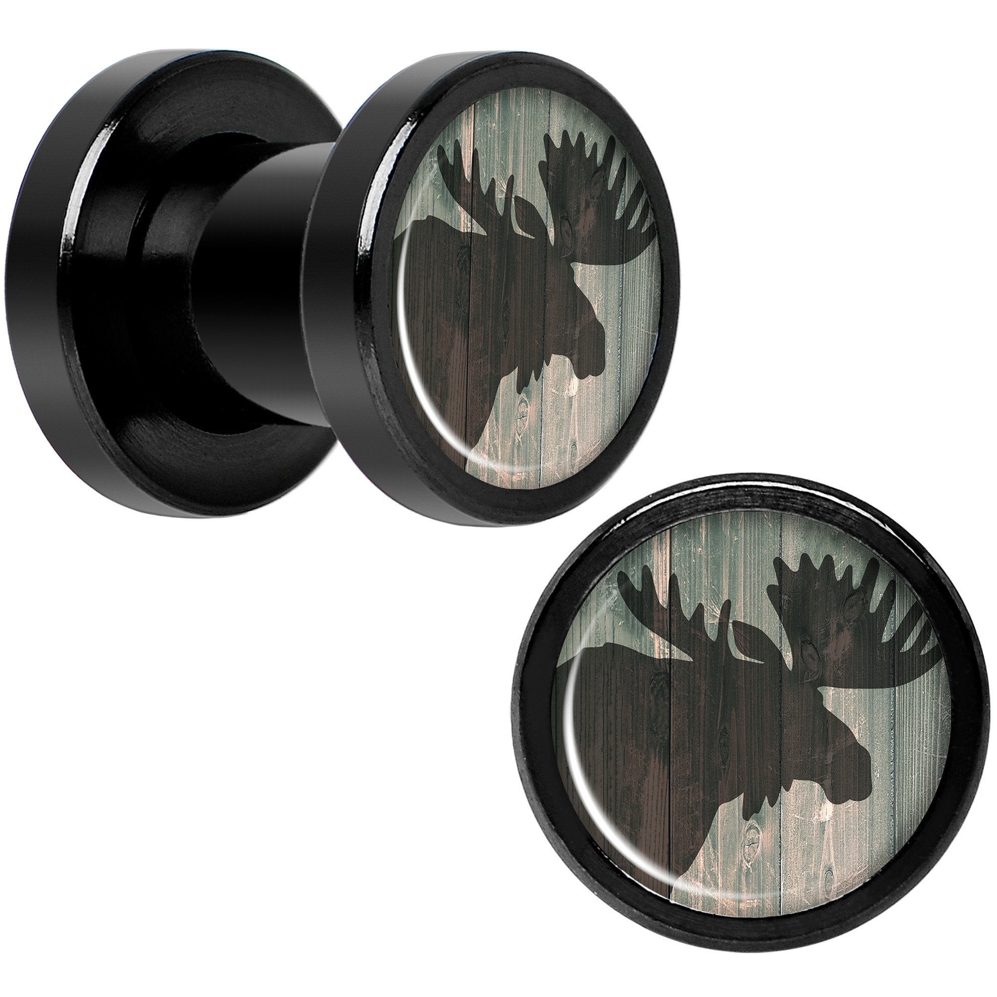 Holiday Rustic Wood Moose Black Screw Fit Plug Set Sizes 5mm to 20mm